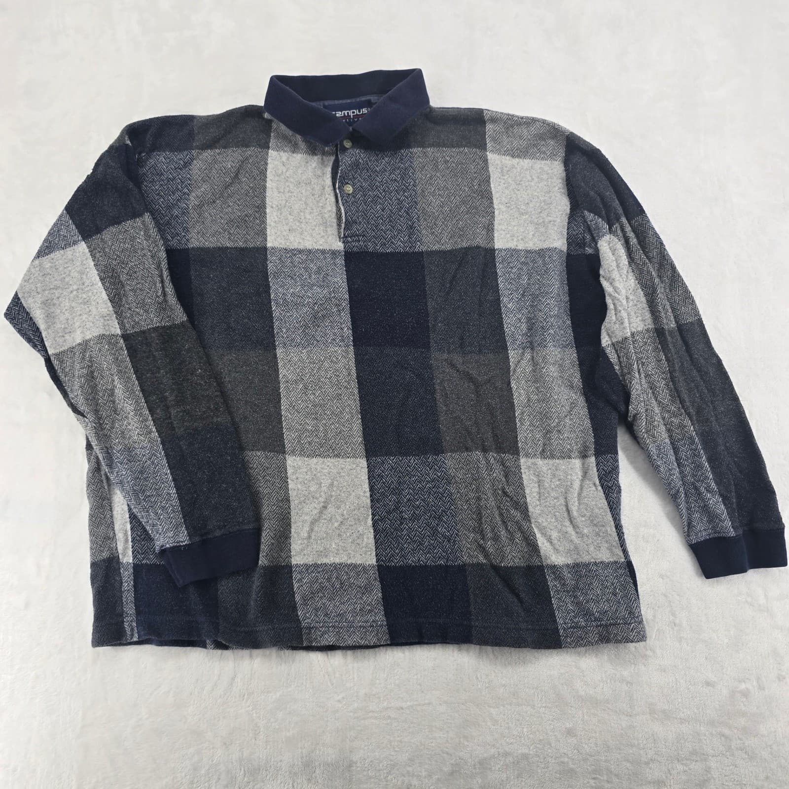 Campus Sportswear Polo Shirt Mens L Polo Blue Gray Plaid Long Sleeve Cotton
