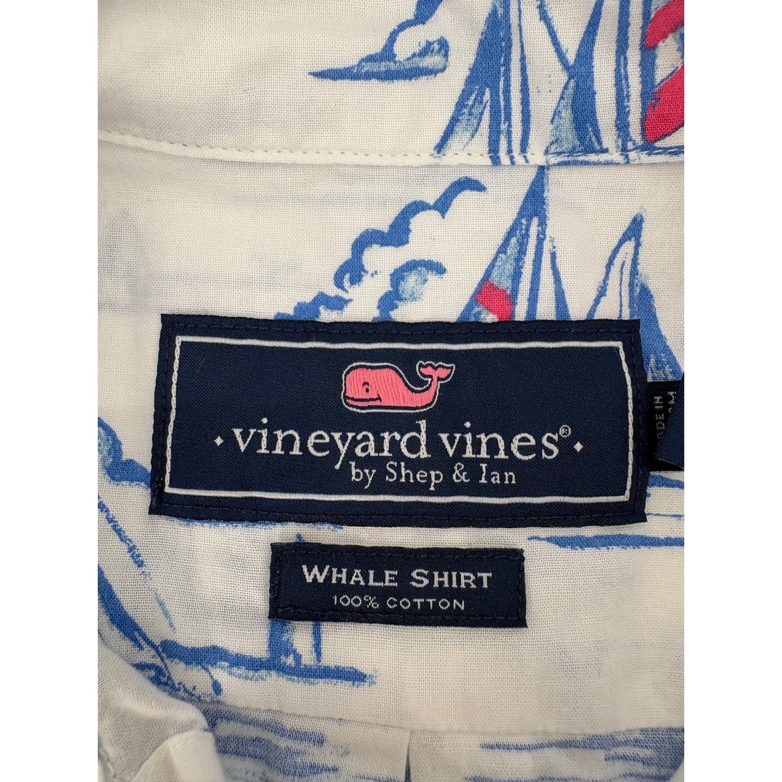 Vineyard Vines Whale Shirt Mens Medium Button Front White Blue Sailboat Print - Thumbnail 2