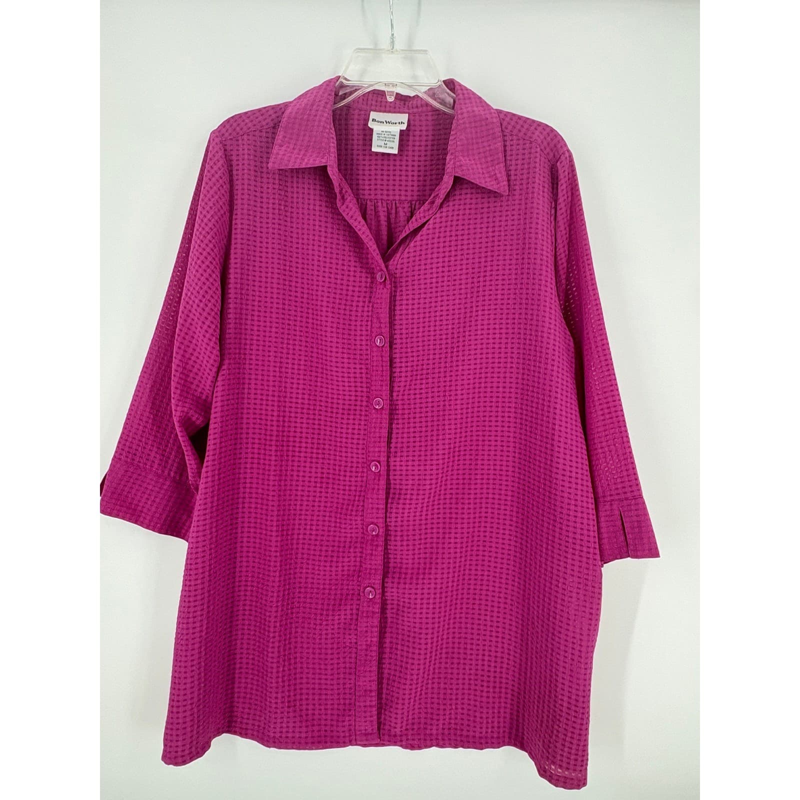 Bon Worth Womens Top Medium Purple Button Down 3/4 Sleeve Tunic Blouse