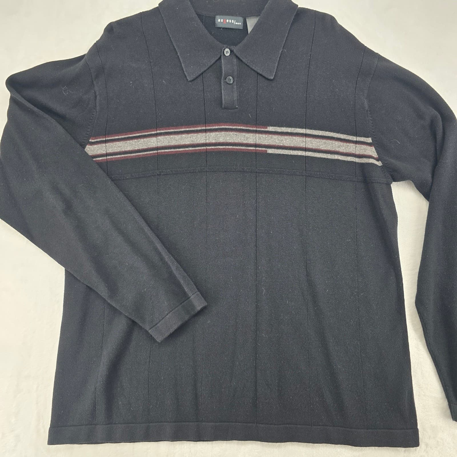 Axcess Sweater Mens Large Polo Shirt Black Striped Long Sleeve Knit Cotton