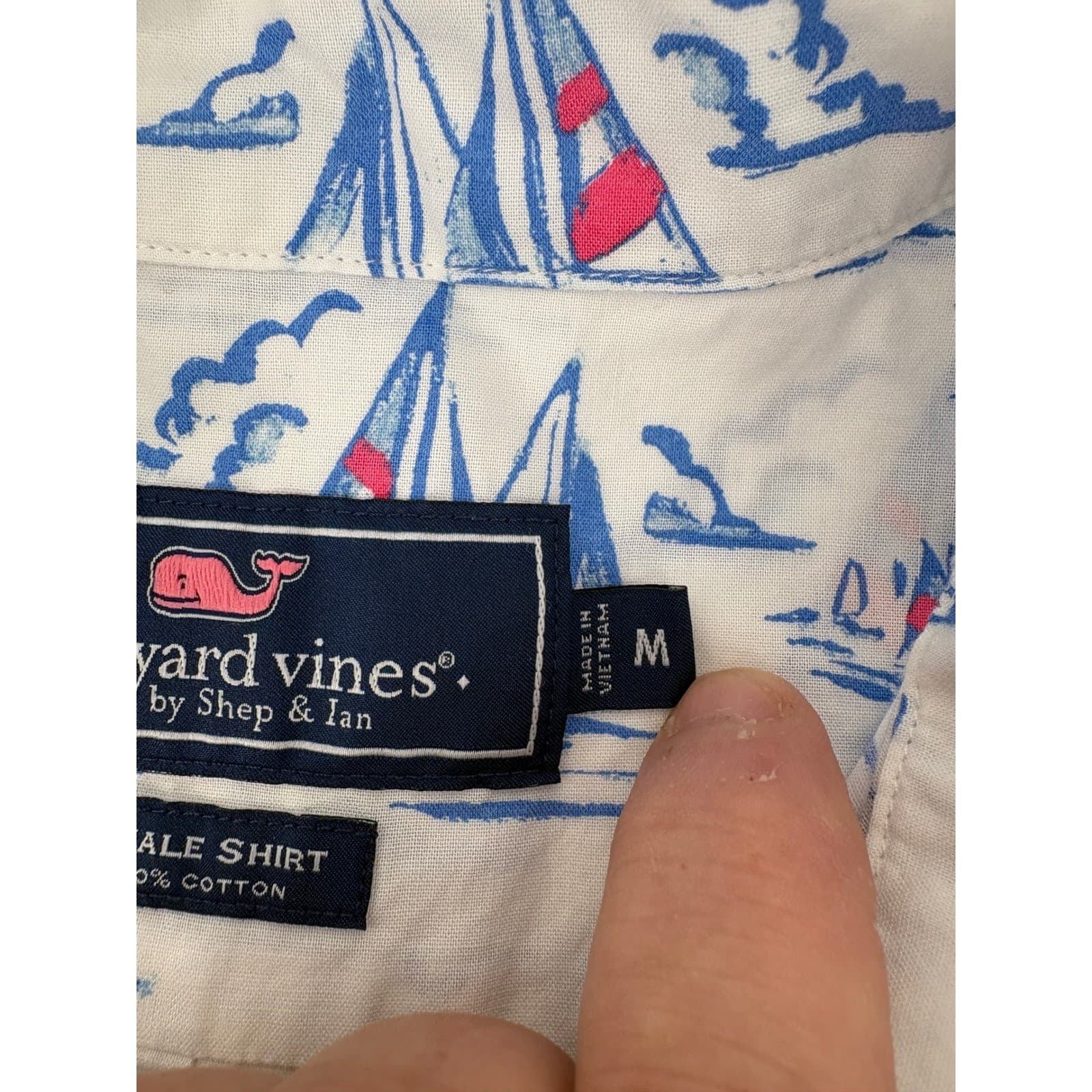 Vineyard Vines Whale Shirt Mens Medium Button Front White Blue Sailboat Print - Thumbnail 3