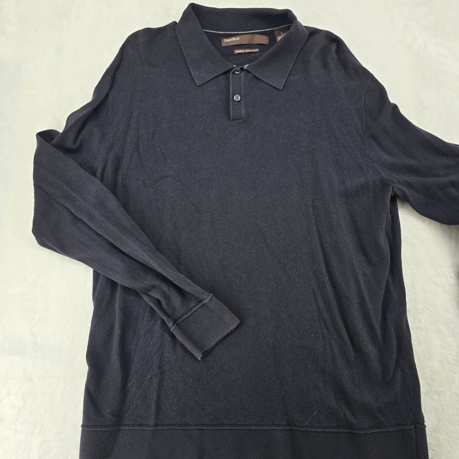 Perry Ellis Polo Mens L Sweater Black Bamboo Cotton Blend Long Sleeve