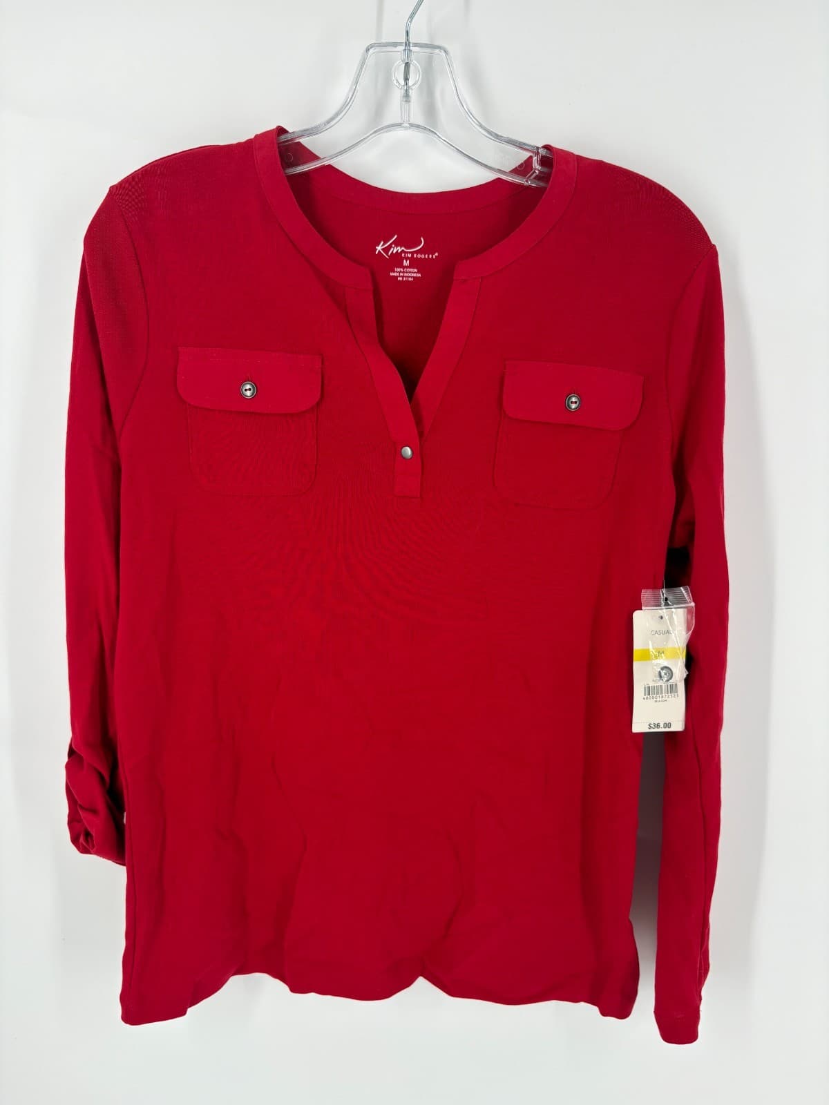 Kim Rogers NWT Red Henley Shirt Size M Long Sleeve 100% Cotton