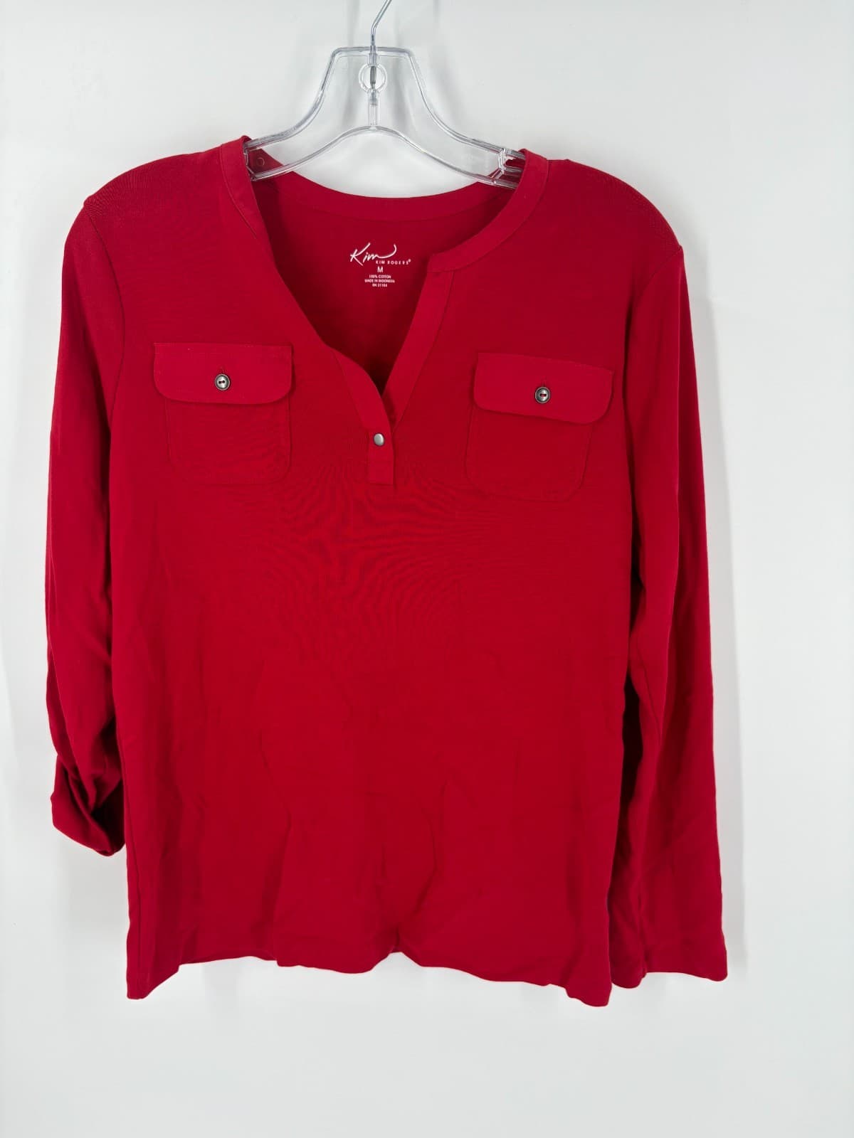 Kim Rogers NWT Red Henley Shirt Size M Long Sleeve 100% Cotton - Thumbnail 2