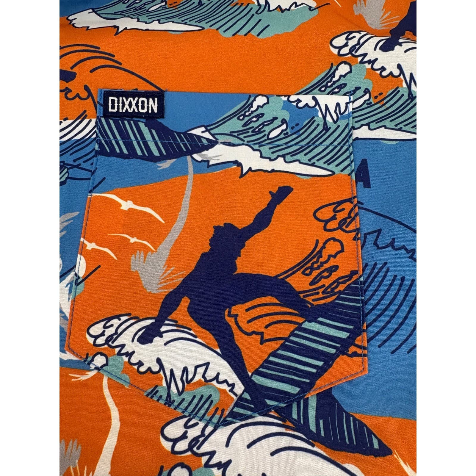 Dixxon Flannel Company Mens Aloha Shirt Surfer Wave Graphic Blue Orange M - Thumbnail 4