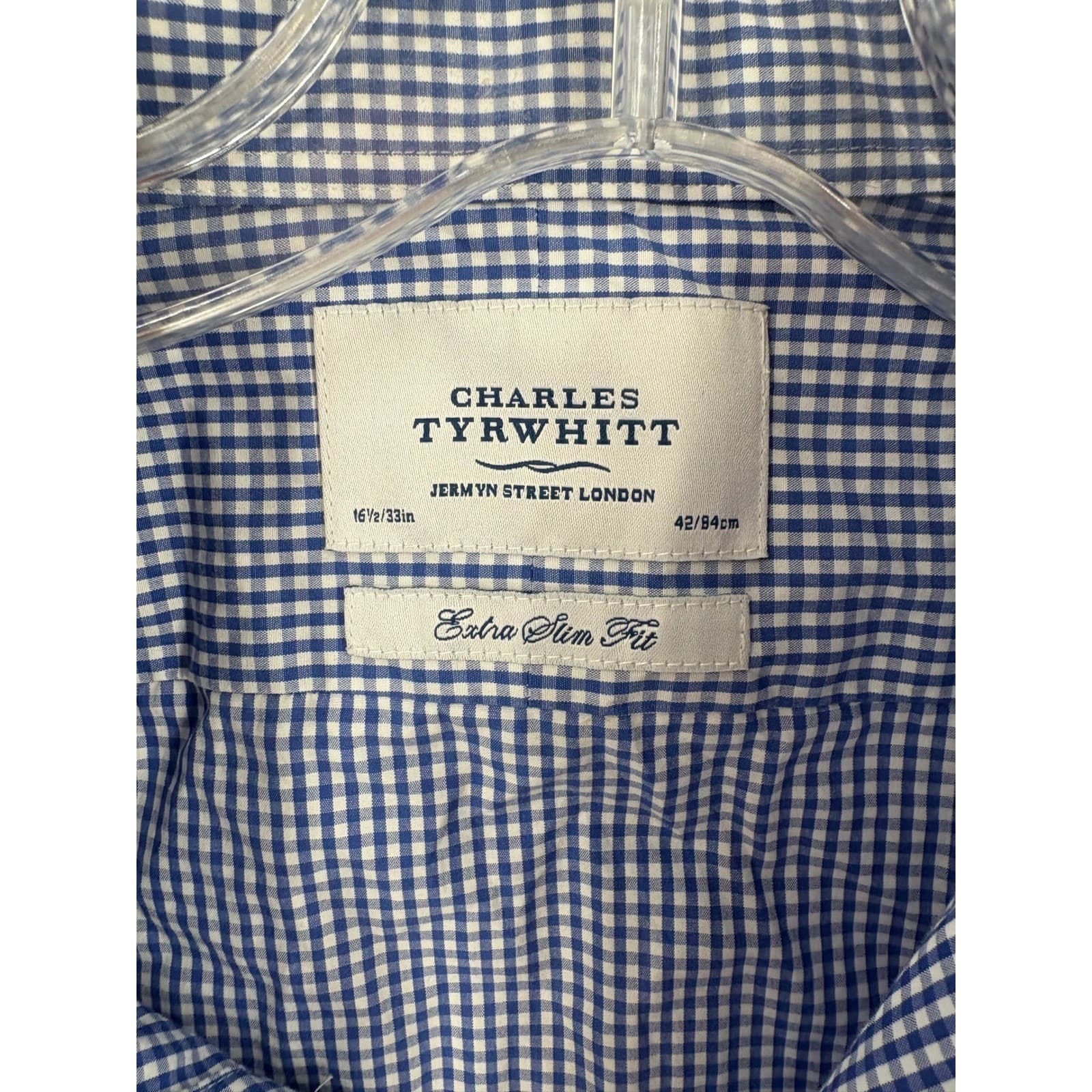 Charles Tyrwhitt Blue Gingham Check Extra Slim Fit Dress Shirt 16 1/2 33 - Thumbnail 2