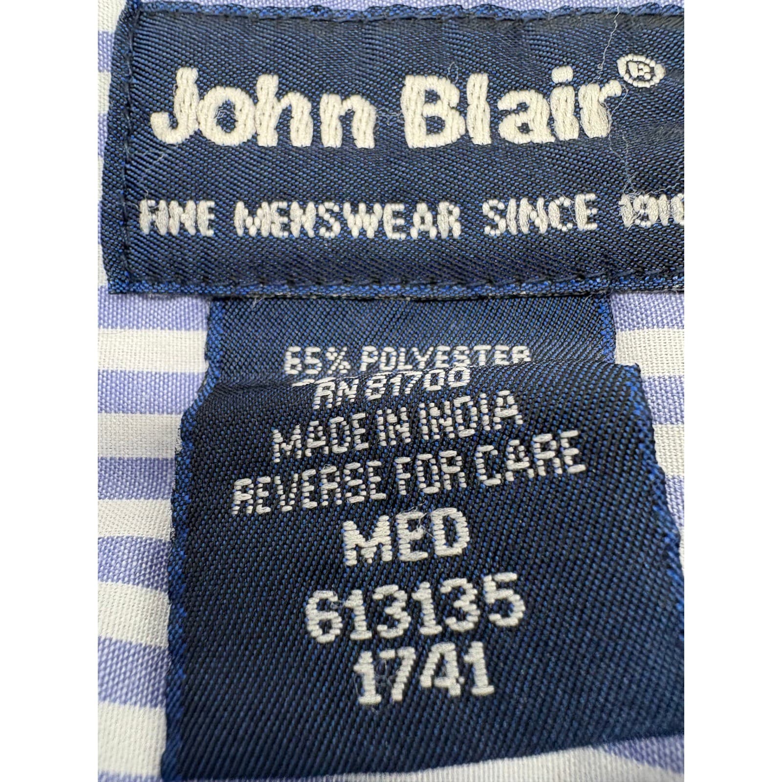 John Blair Shirt Mens M Button Down Blue White Striped Short Sleeve Epaulette - Thumbnail 2