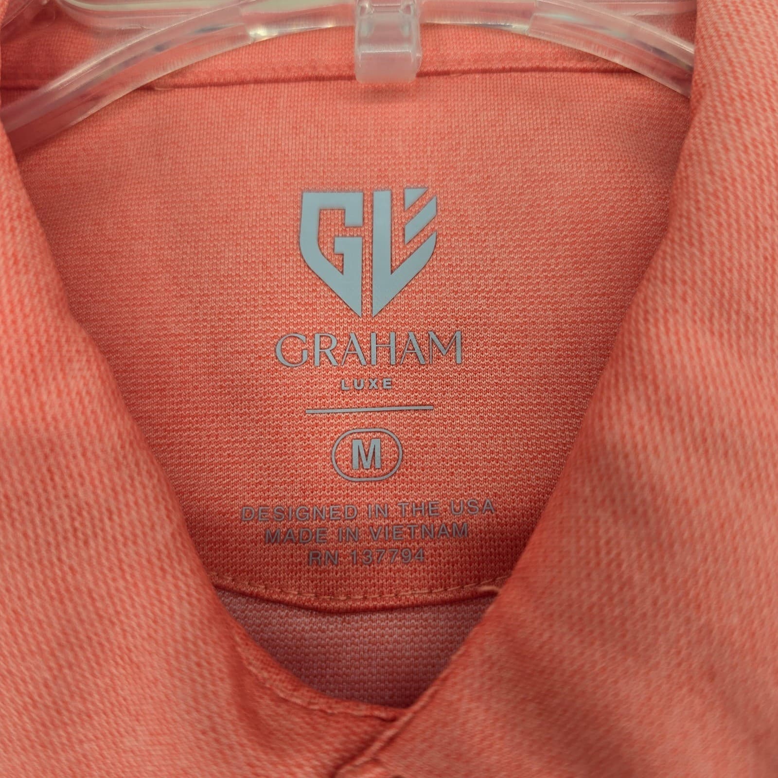 Graham Luxe Hamill Mens M Polo Shirt Coral Pink Short Sleeve Golf Performance - Thumbnail 2