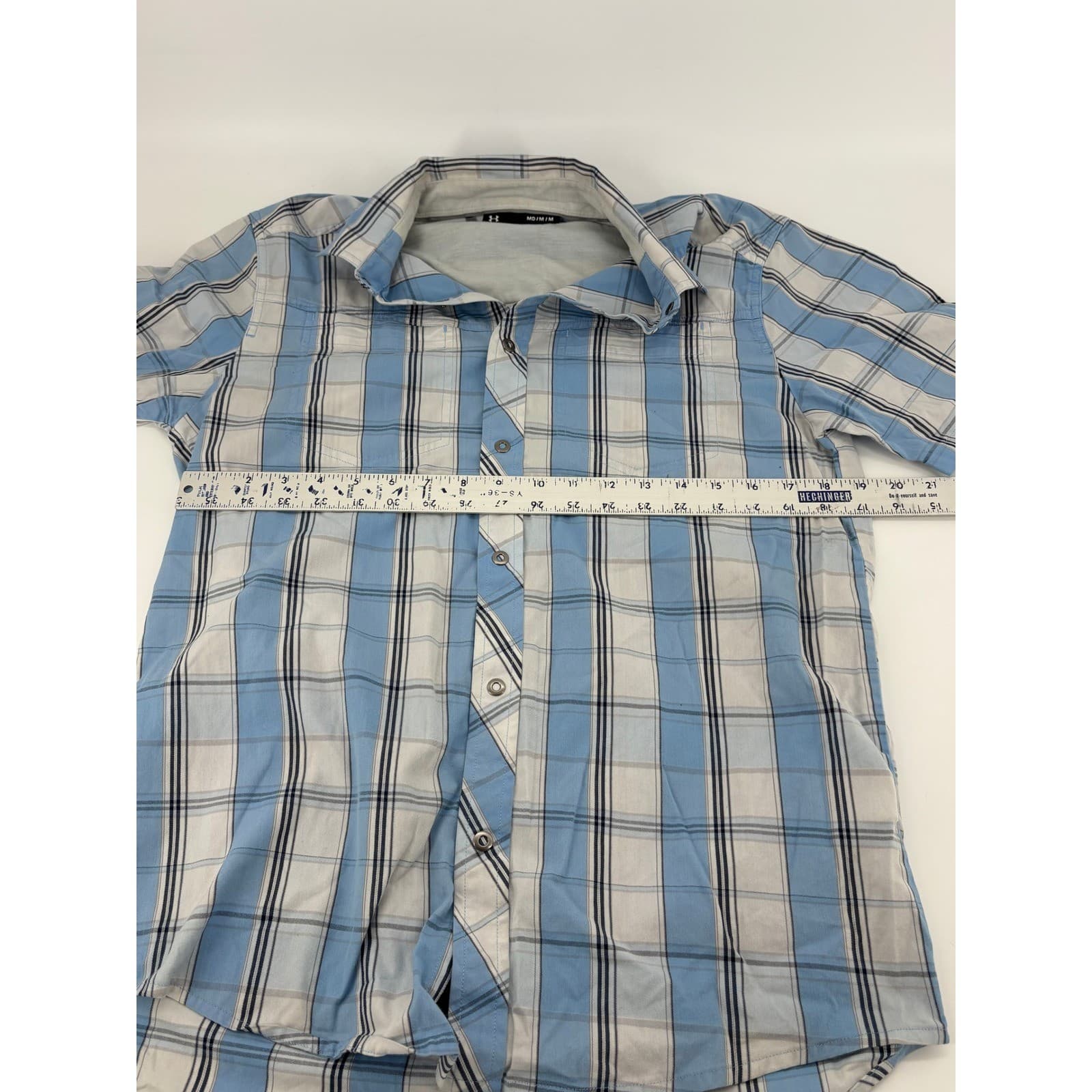 Under Armour Mens Medium Blue Plaid Button Down Short Sleeve Fitted Shirt - Thumbnail 5