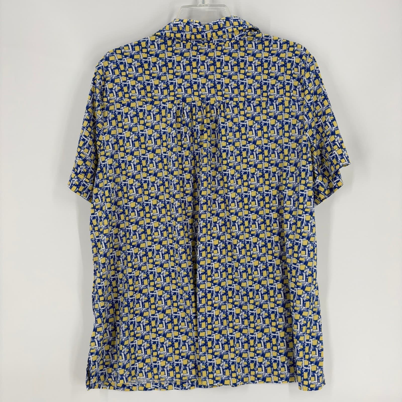 Southern Lady 1X Blue Yellow Abstract Print Short Sleeve Button Down Shirt - Thumbnail 2