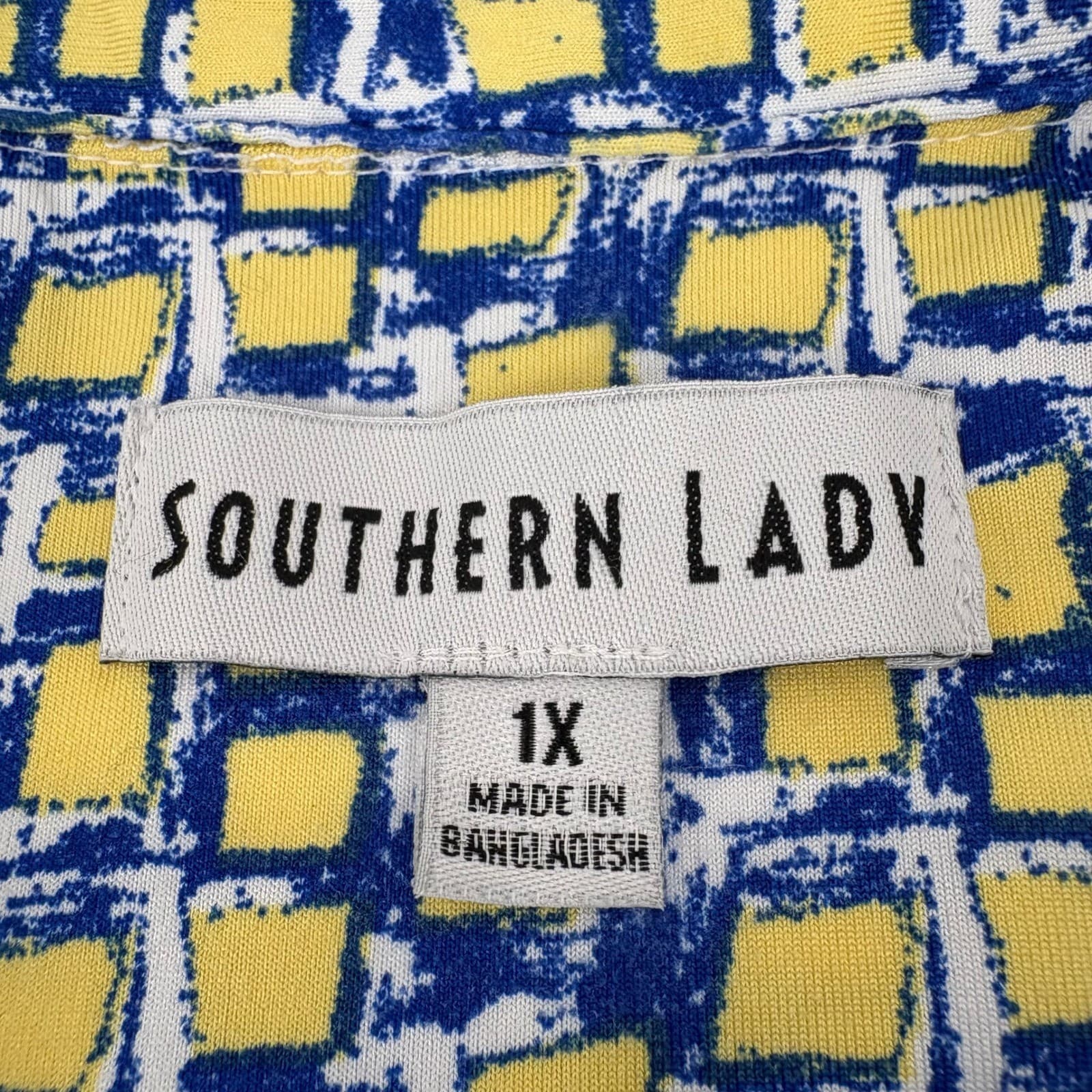 Southern Lady 1X Blue Yellow Abstract Print Short Sleeve Button Down Shirt - Thumbnail 3