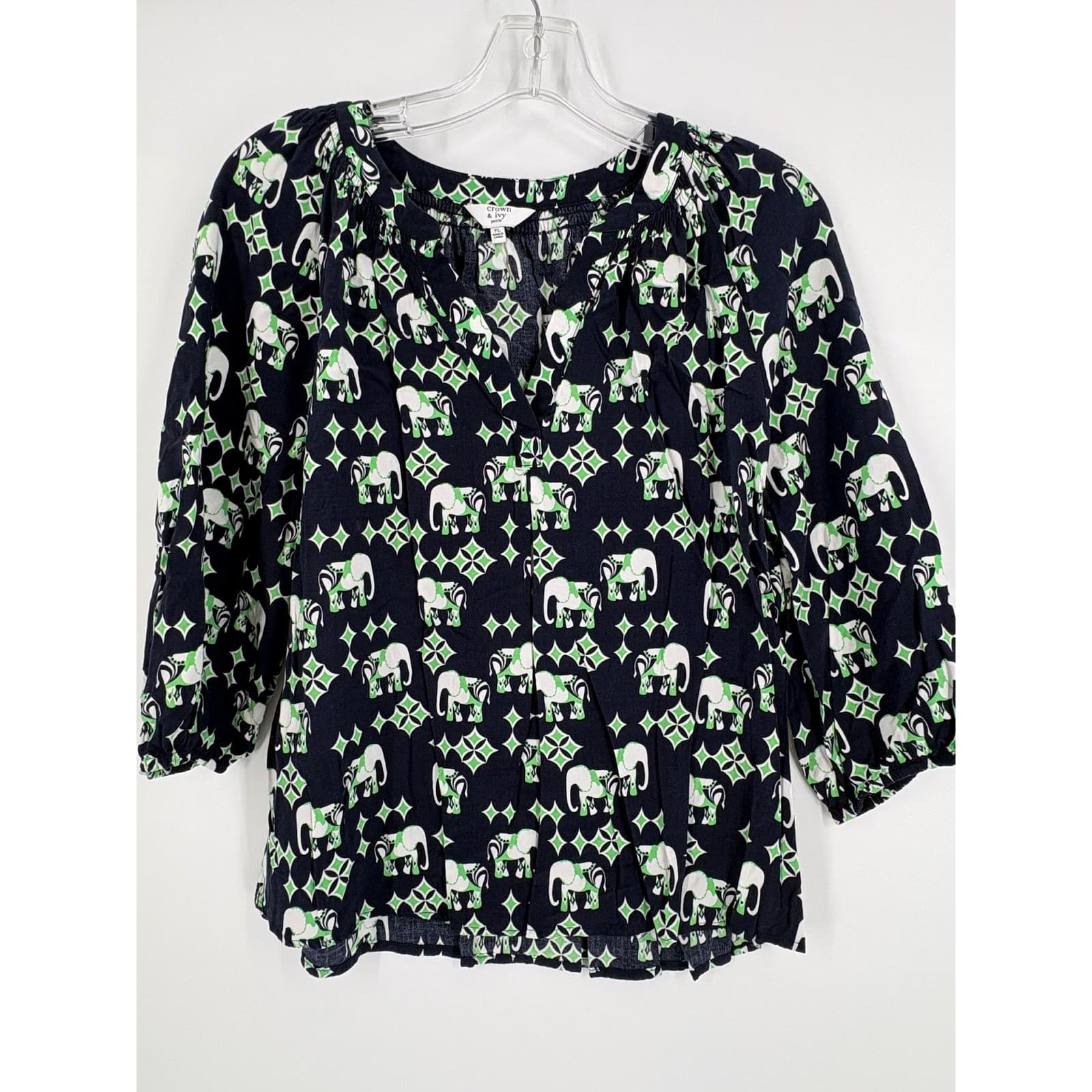 Crown & Ivy Petite Women's Navy Elephant Print 3/4 Sleeve V-Neck Blouse PL - Thumbnail 5