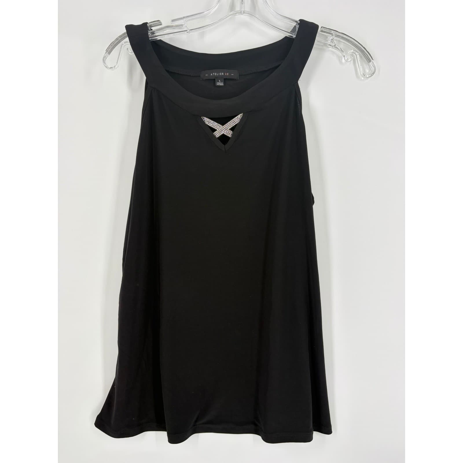 Atelier 29 Black Sleeveless Cutout Neck Rhinestone Tank Top Women's Large - Thumbnail 5