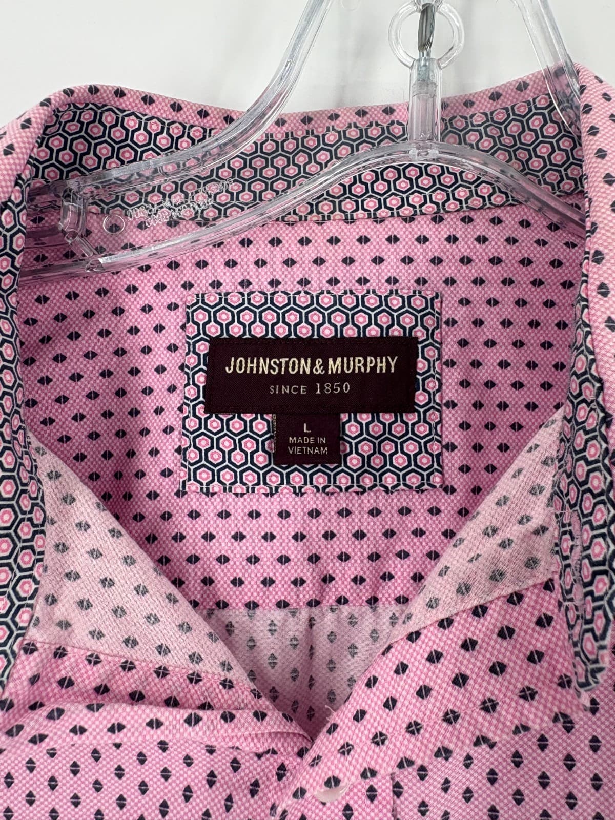 Johnston & Murphy Button Front Shirt Pink Geometric Pattern Size L Casual - Thumbnail 2