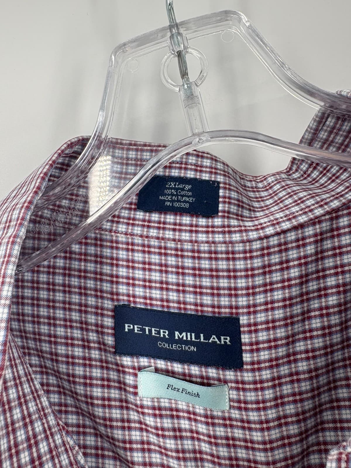 Peter Millar Flex Finish Button Down Shirt 2XL Red Blue Plaid 100% Cotton - Thumbnail 2
