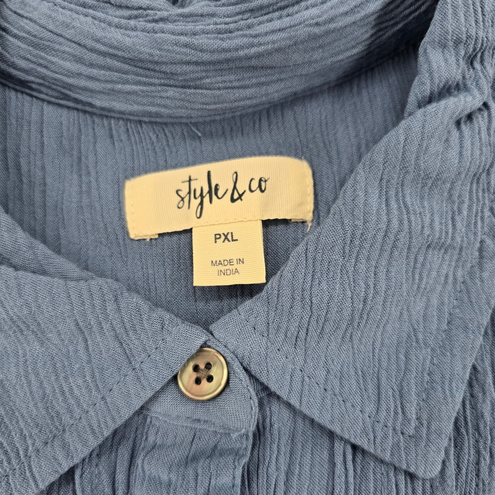 Style & Co Blouse Womens PXL Shirt Blue Pintuck Crochet Lace Button Front s/s - Thumbnail 2