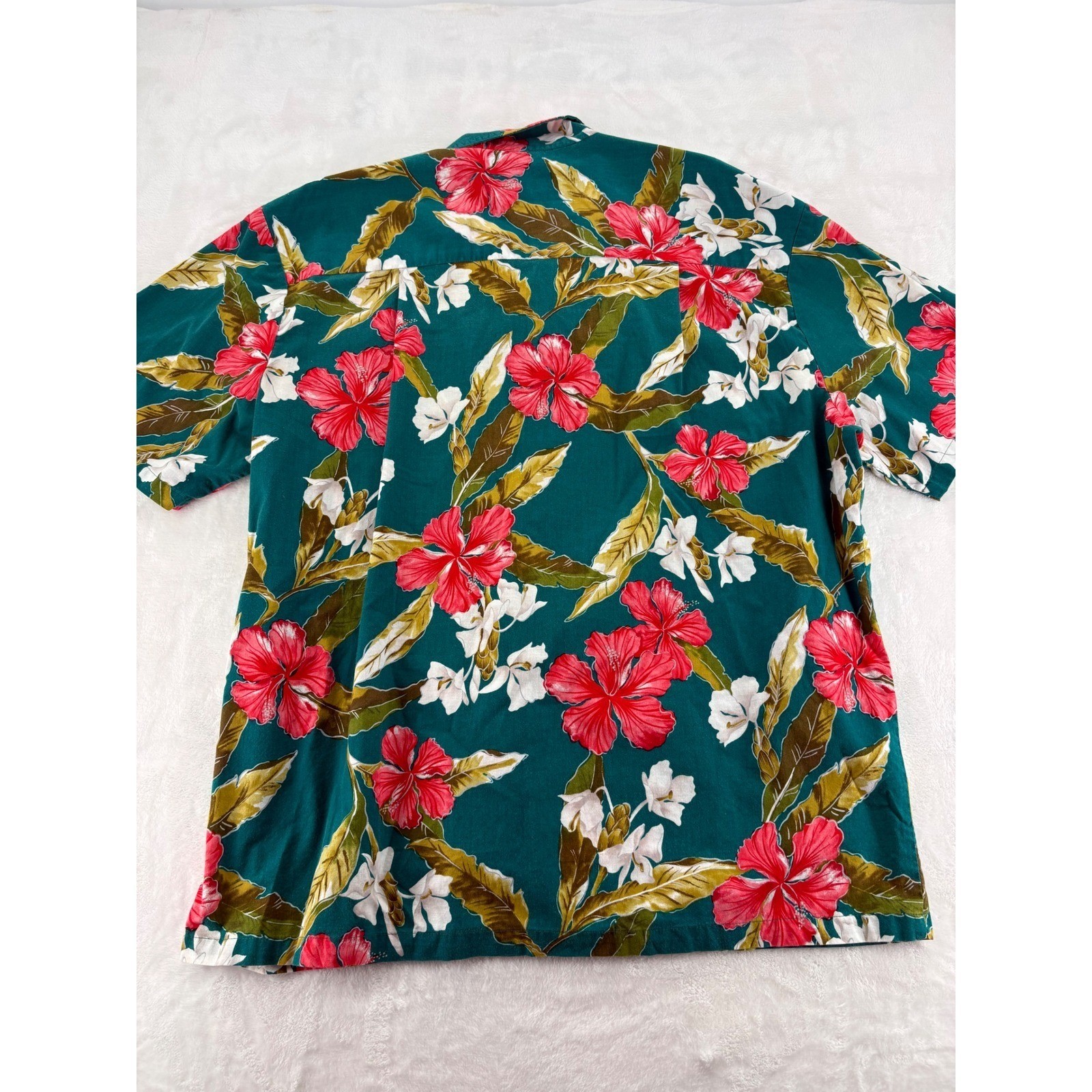 Paradise Found L.L.Bean Mens Large Hawaiian Shirt Teal Floral Cotton Aloha - Thumbnail 5