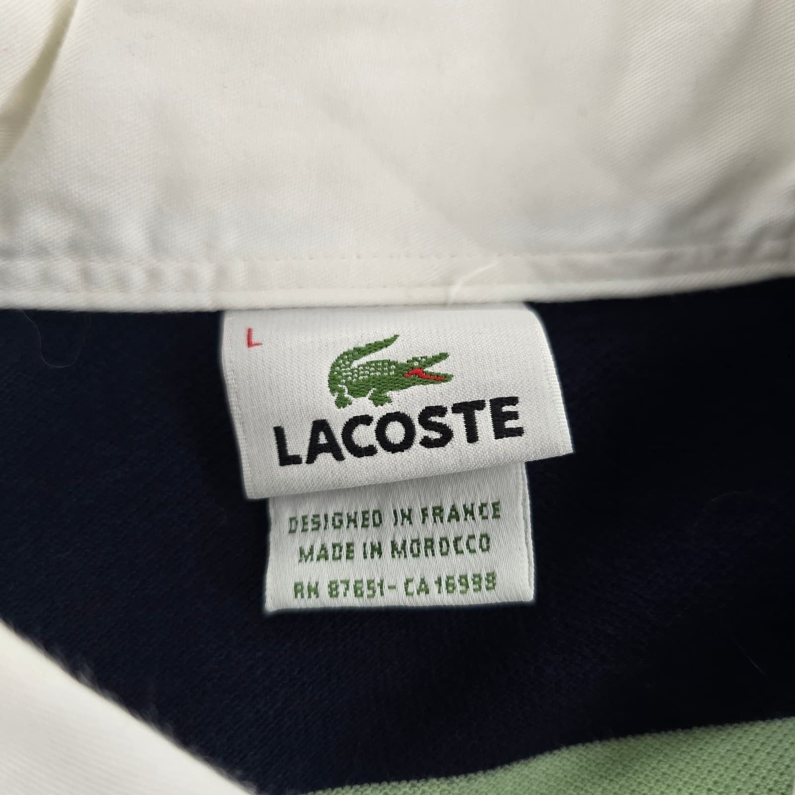 Lacoste Rugby Shirt Mens Large Polo Green Navy Blue Striped Long Sleeve Cotton - Thumbnail 2