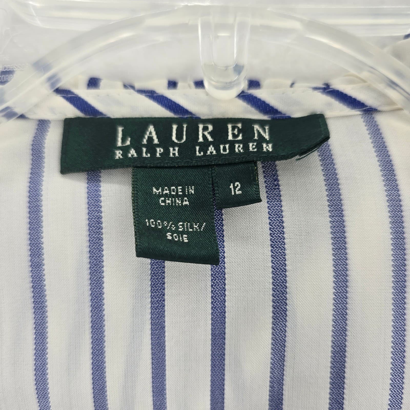 Lauren Ralph Lauren Blouse Womens 12 Blouse Blue Striped Silk Ruffle Trim V-Neck - Thumbnail 2