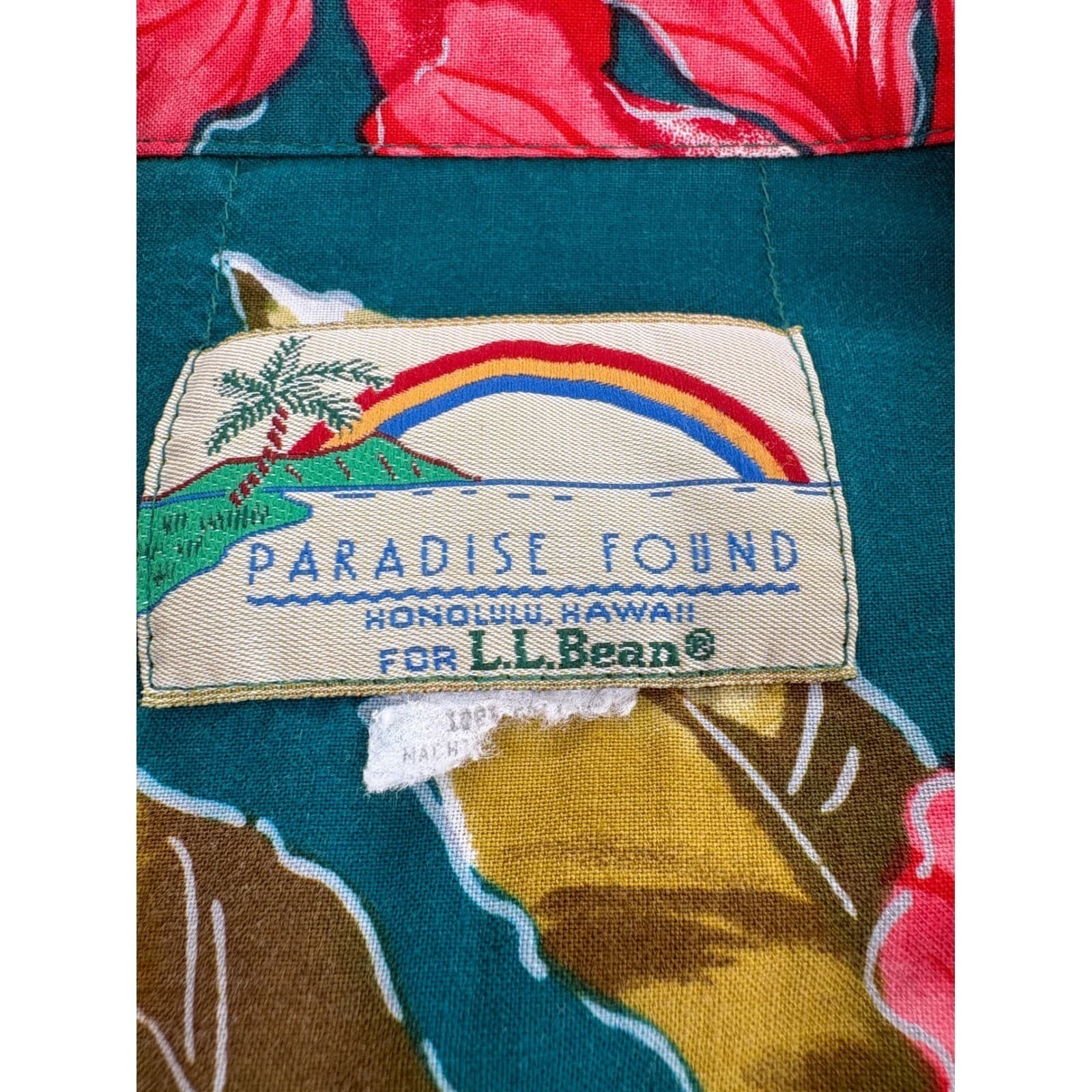 Paradise Found L.L.Bean Mens Large Hawaiian Shirt Teal Floral Cotton Aloha - Thumbnail 2