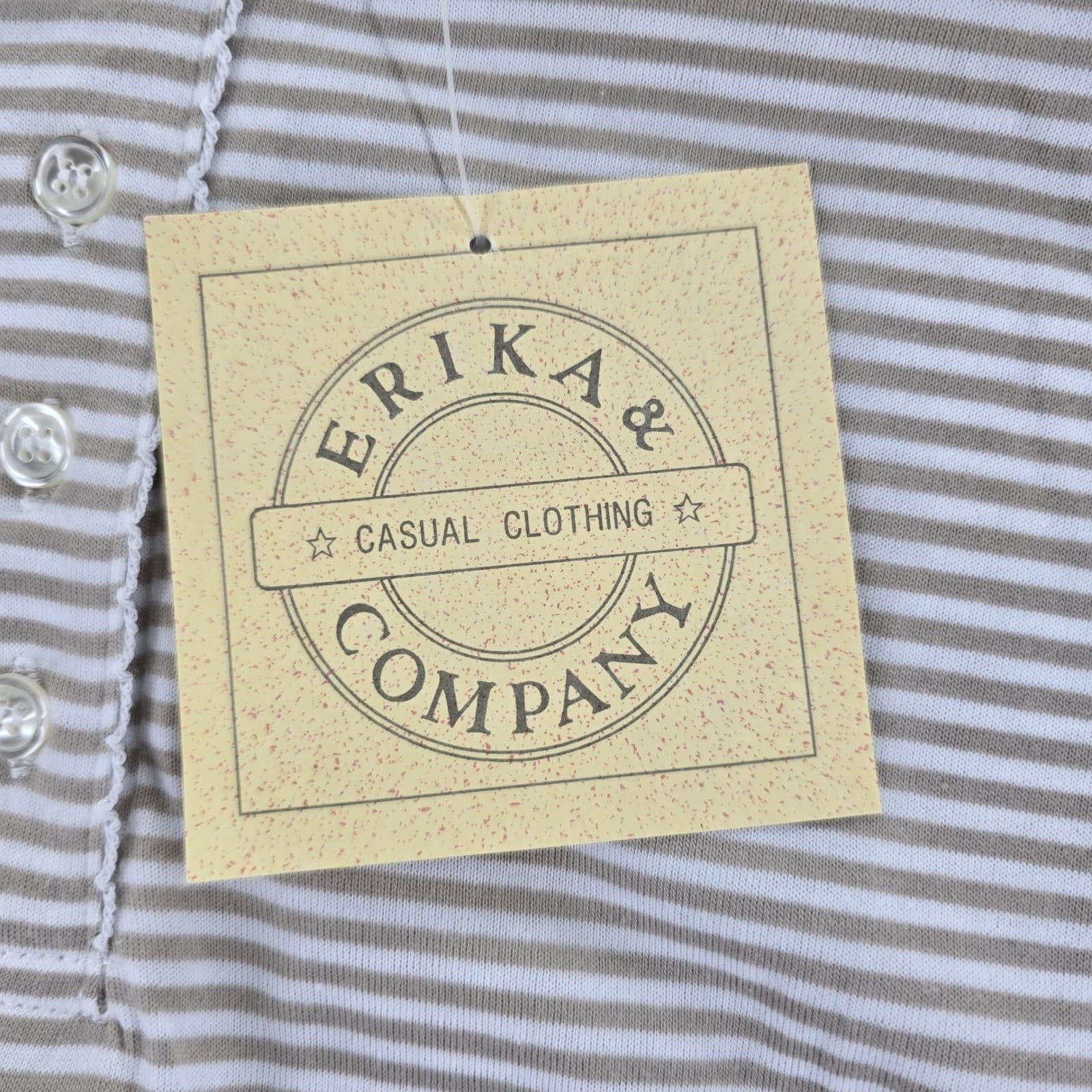 Erika & Company Top Womens M Shirt Tan White Striped Henley Short Sleeve NWT - Thumbnail 4