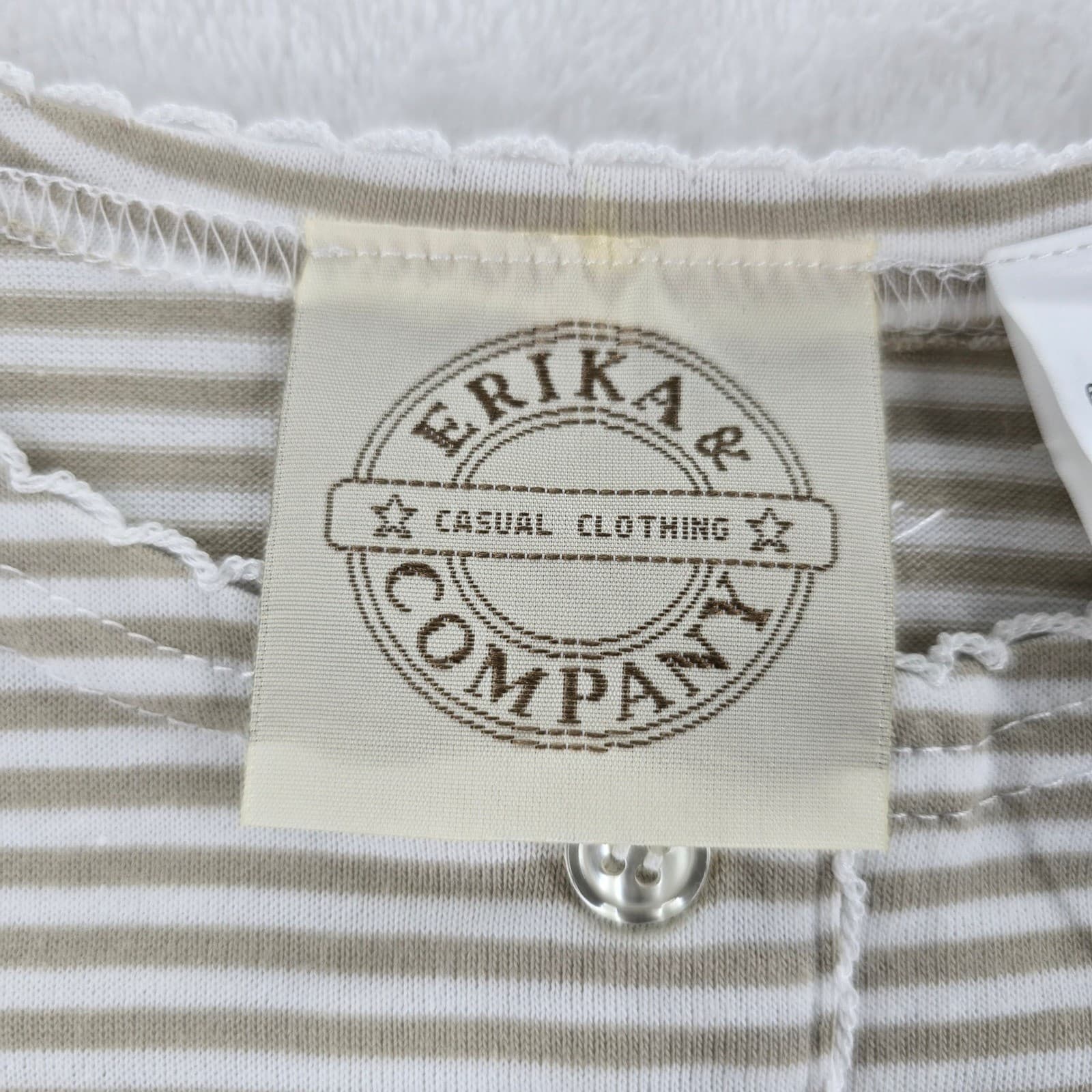 Erika & Company Top Womens M Shirt Tan White Striped Henley Short Sleeve NWT - Thumbnail 2
