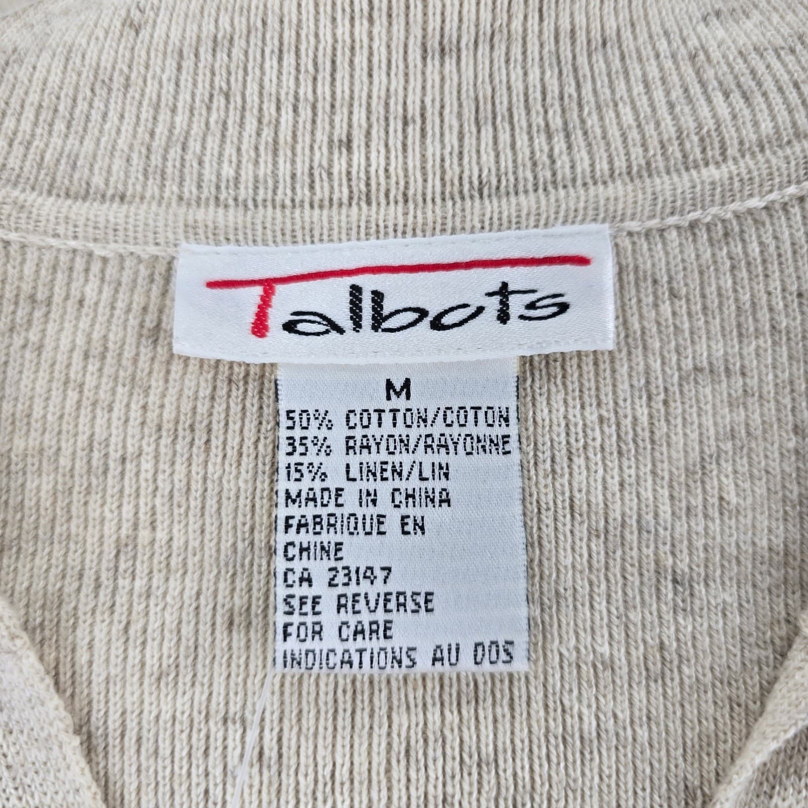 Talbots Polo Sweater Womens M Short Sleeve Beige Oatmeal Cotton Linen Knit - Thumbnail 2