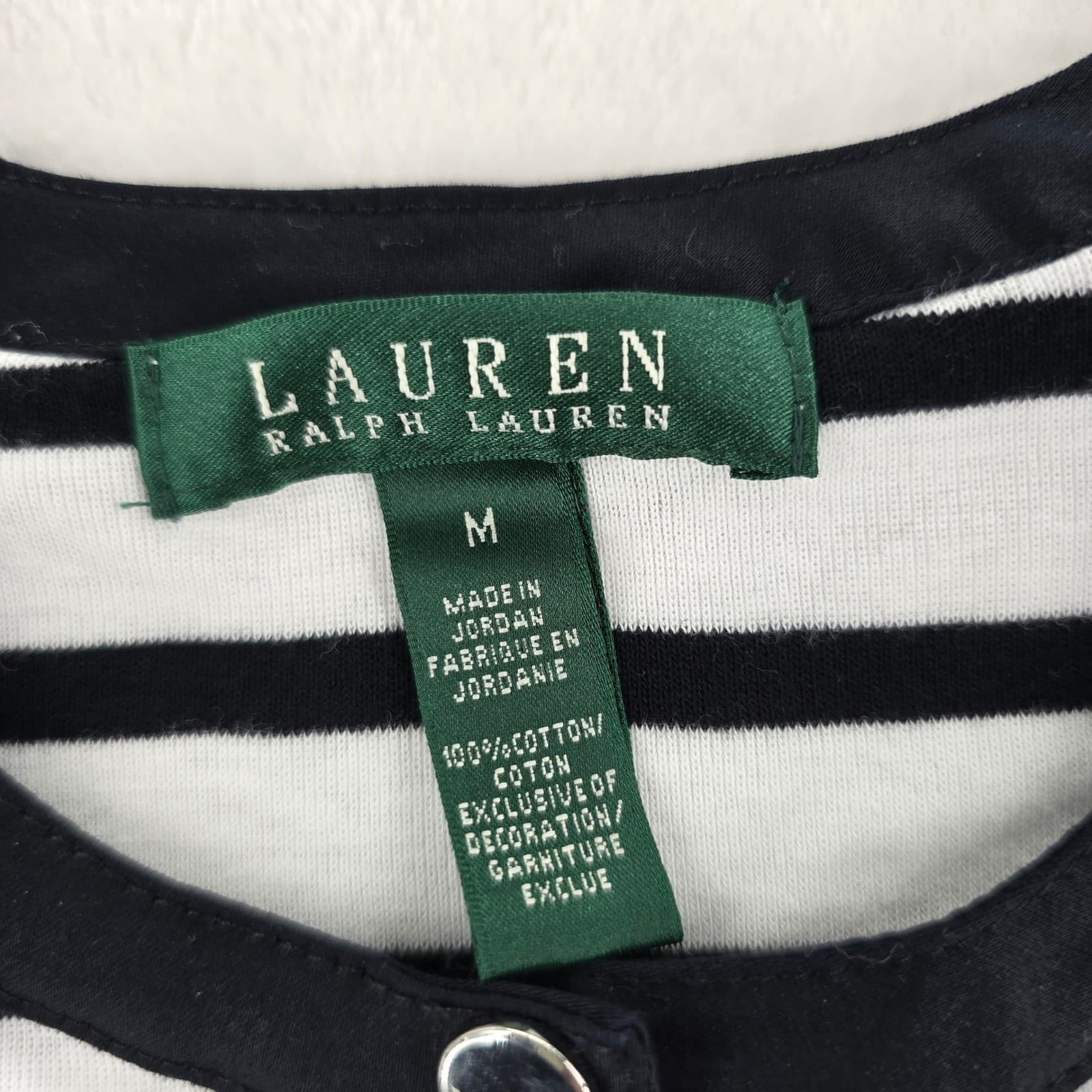 Lauren Ralph Lauren Top Womens Size M Shirt Black White Striped 3/4 Sleeve Zip - Thumbnail 2