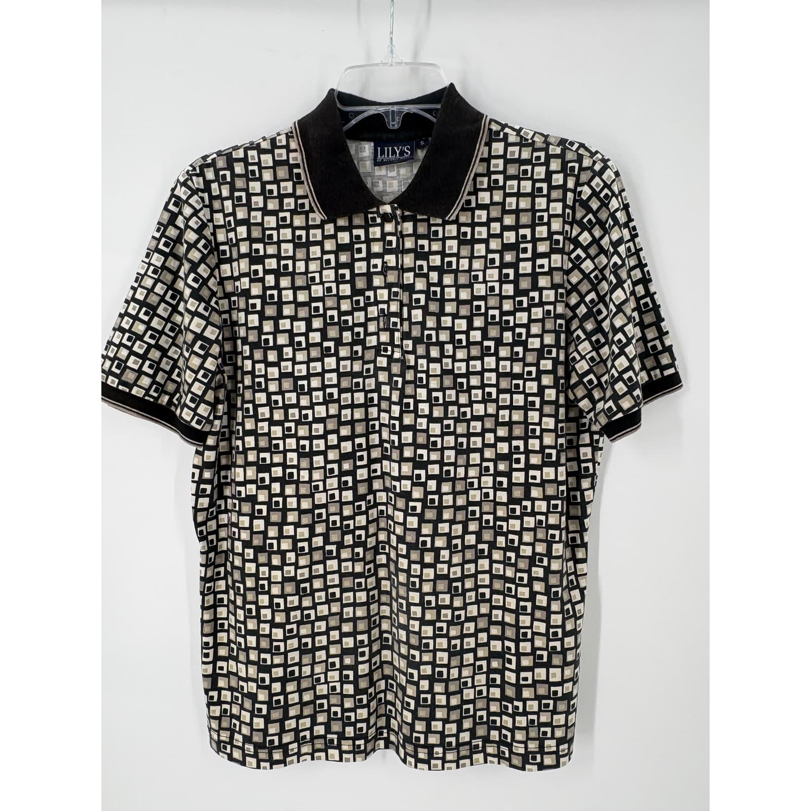 Lily's of Beverly Hills Geometric Square Print Polo Shirt S Black Tan - Thumbnail 2