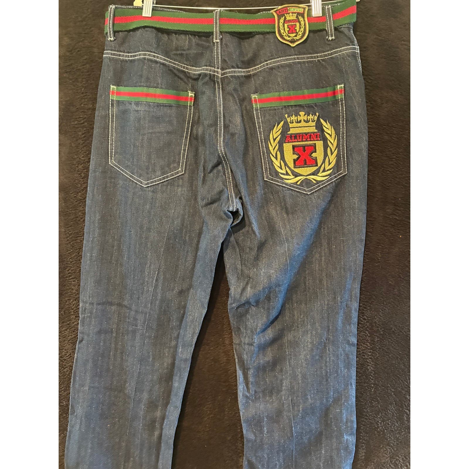 Atti Mens Denim Jeans 38x32 Embellished Pockets Red Green Belt Detailed - Thumbnail 8