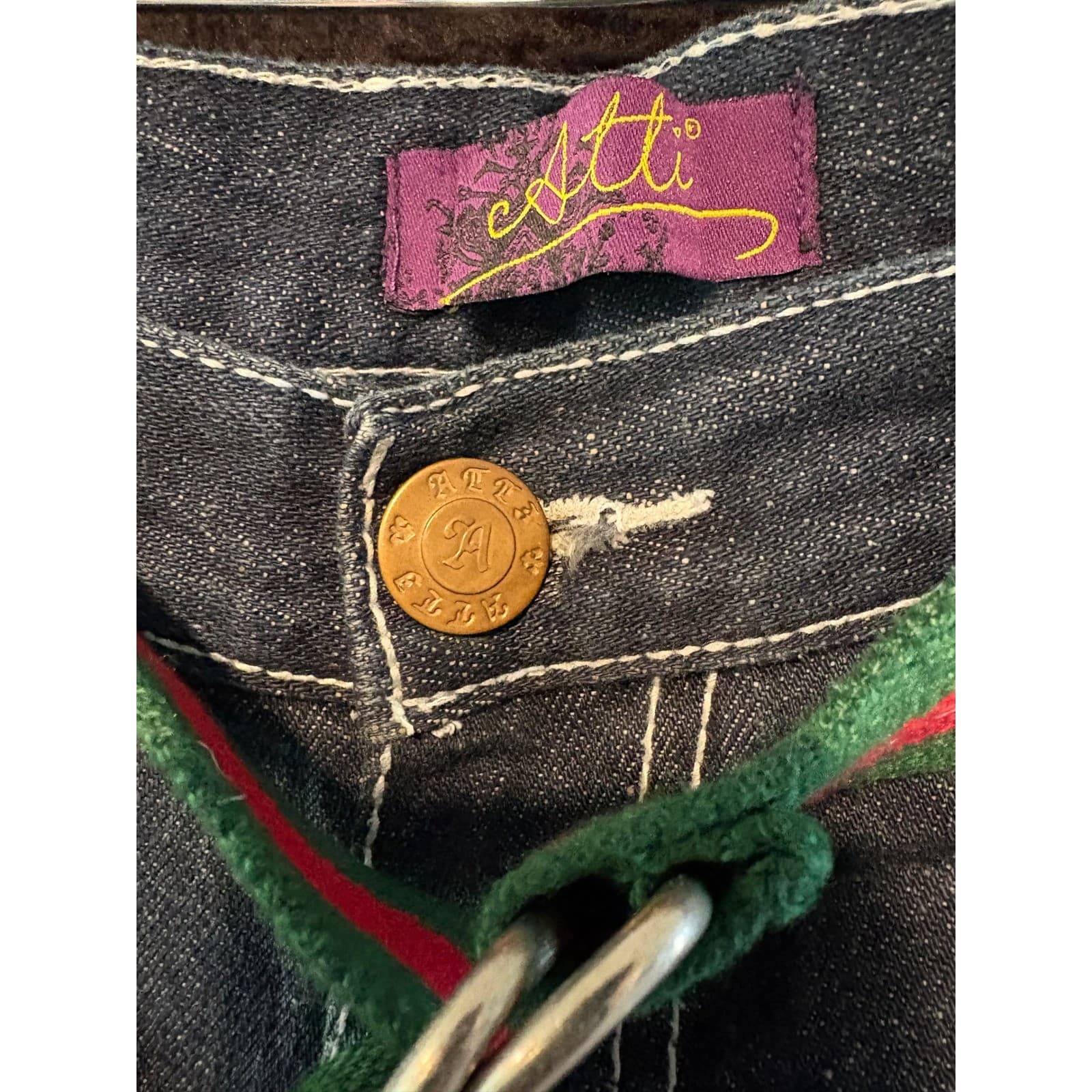 Atti Mens Denim Jeans 38x32 Embellished Pockets Red Green Belt Detailed - Thumbnail 6