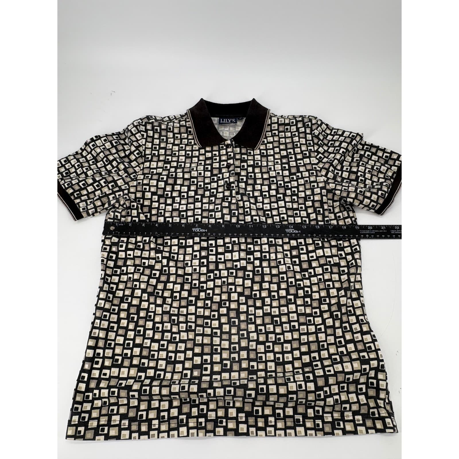 Lily's of Beverly Hills Geometric Square Print Polo Shirt S Black Tan - Thumbnail 7