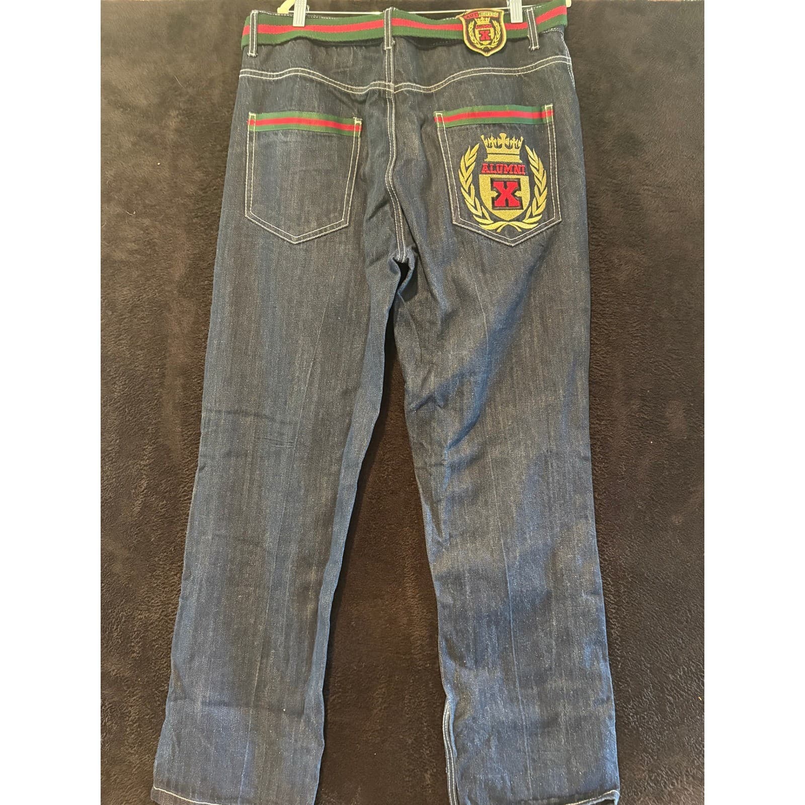 Atti Mens Denim Jeans 38x32 Embellished Pockets Red Green Belt Detailed - Thumbnail 9