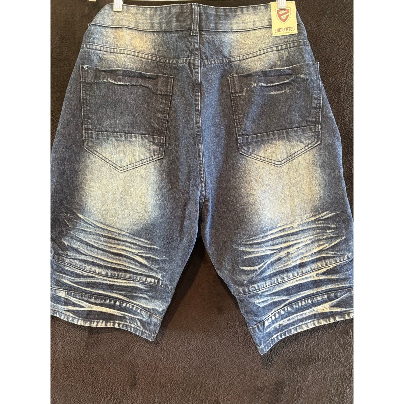 ENCRYPTED Denim Shorts Mens 42 Blue Red Zipper Distressed Moto Style 42 - Thumbnail 7