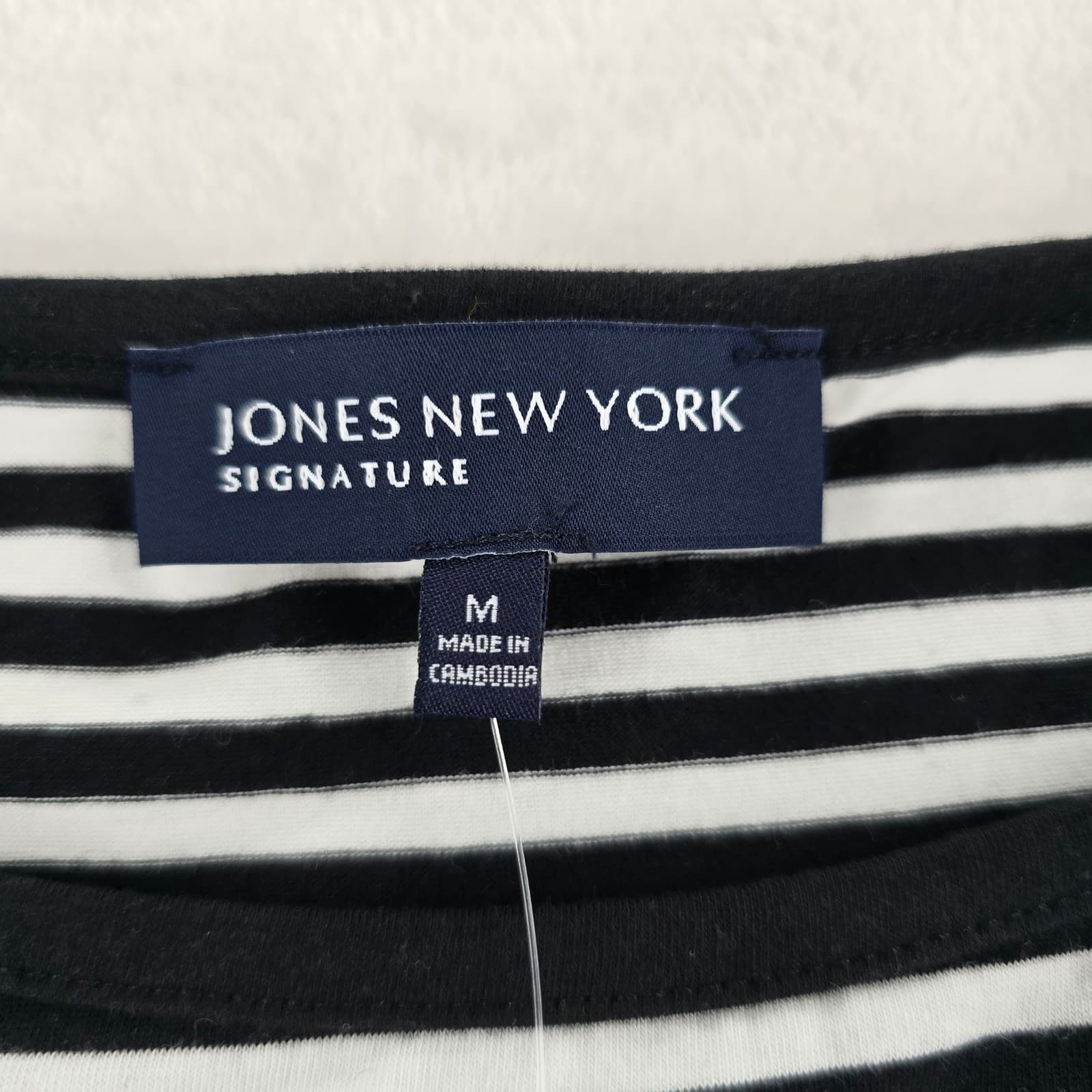 Jones New York Shirt Womens M Top Black White Striped Boat Neck 3/4 Sleeve NWT - Thumbnail 2