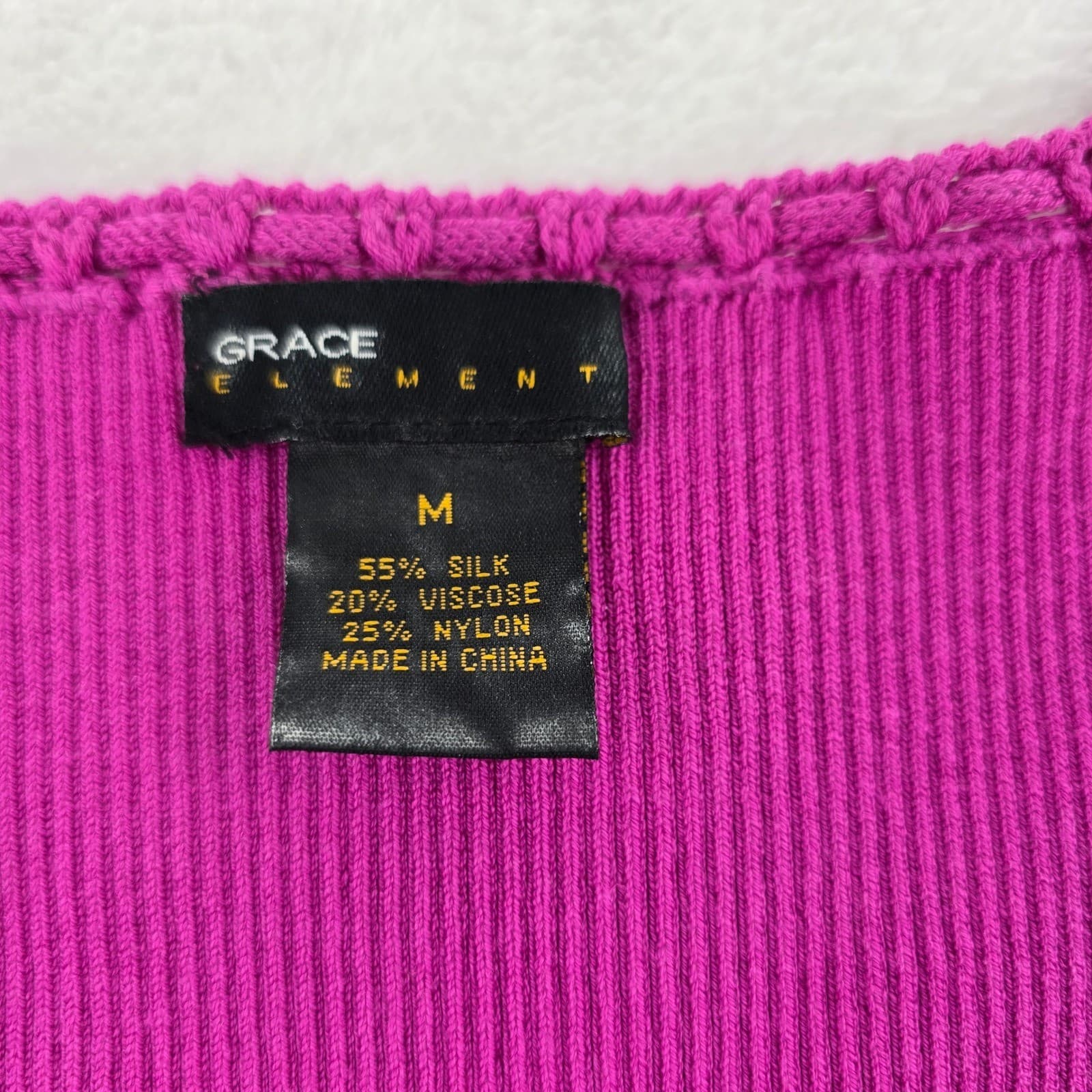 Grace Element Tank Top Womens Medium Tank Magenta Silk Blend Ribbed Crochet Trim - Thumbnail 2