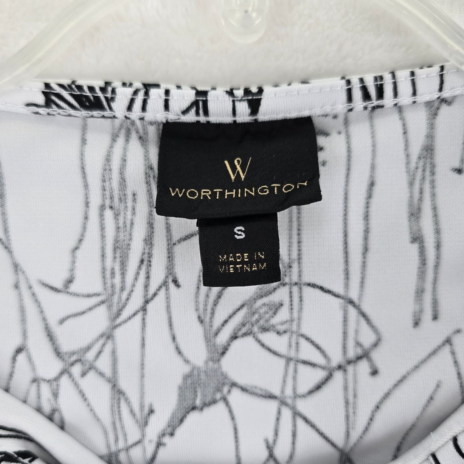Worthington Blouse Womens S Top White Black Floral Pleated Neck 3/4 Sleeve - Thumbnail 2