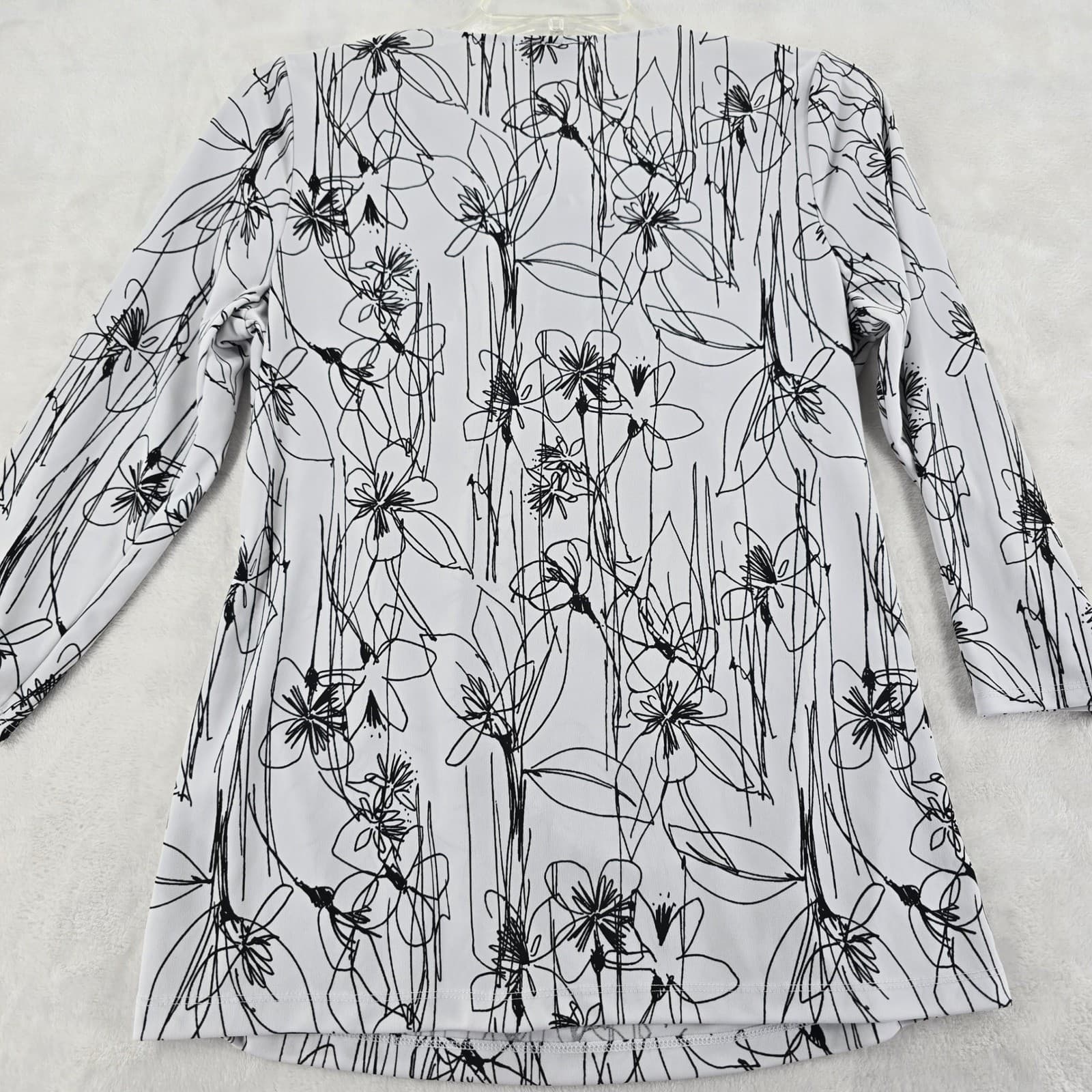 Worthington Blouse Womens S Top White Black Floral Pleated Neck 3/4 Sleeve - Thumbnail 6