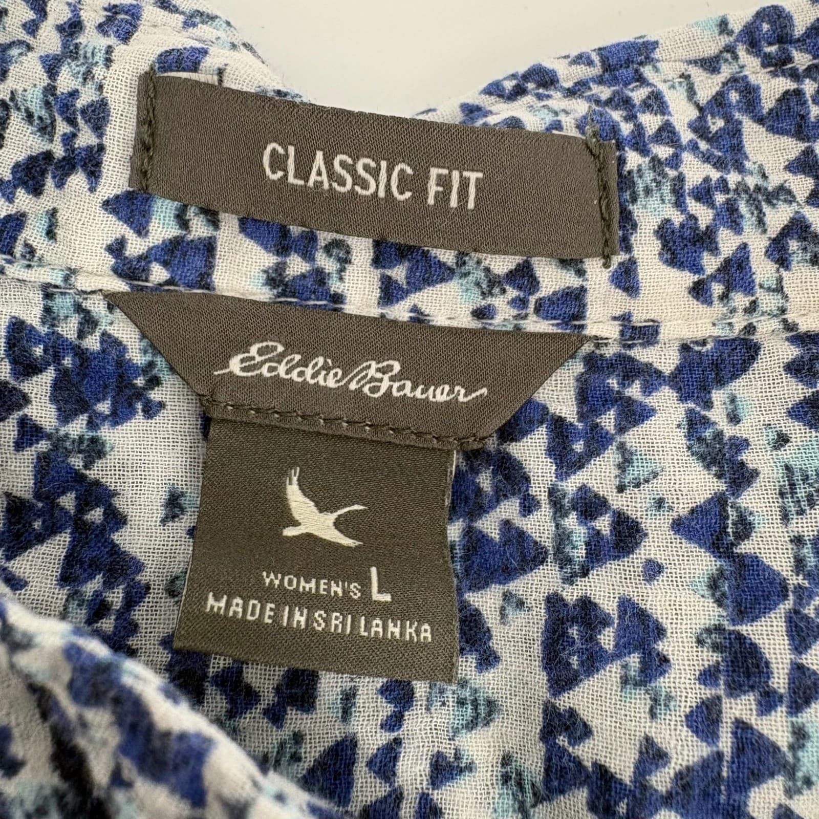 Eddie Bauer Womens Blue White Print Cotton Long Sleeve Classic Fit Shirt L - Thumbnail 3