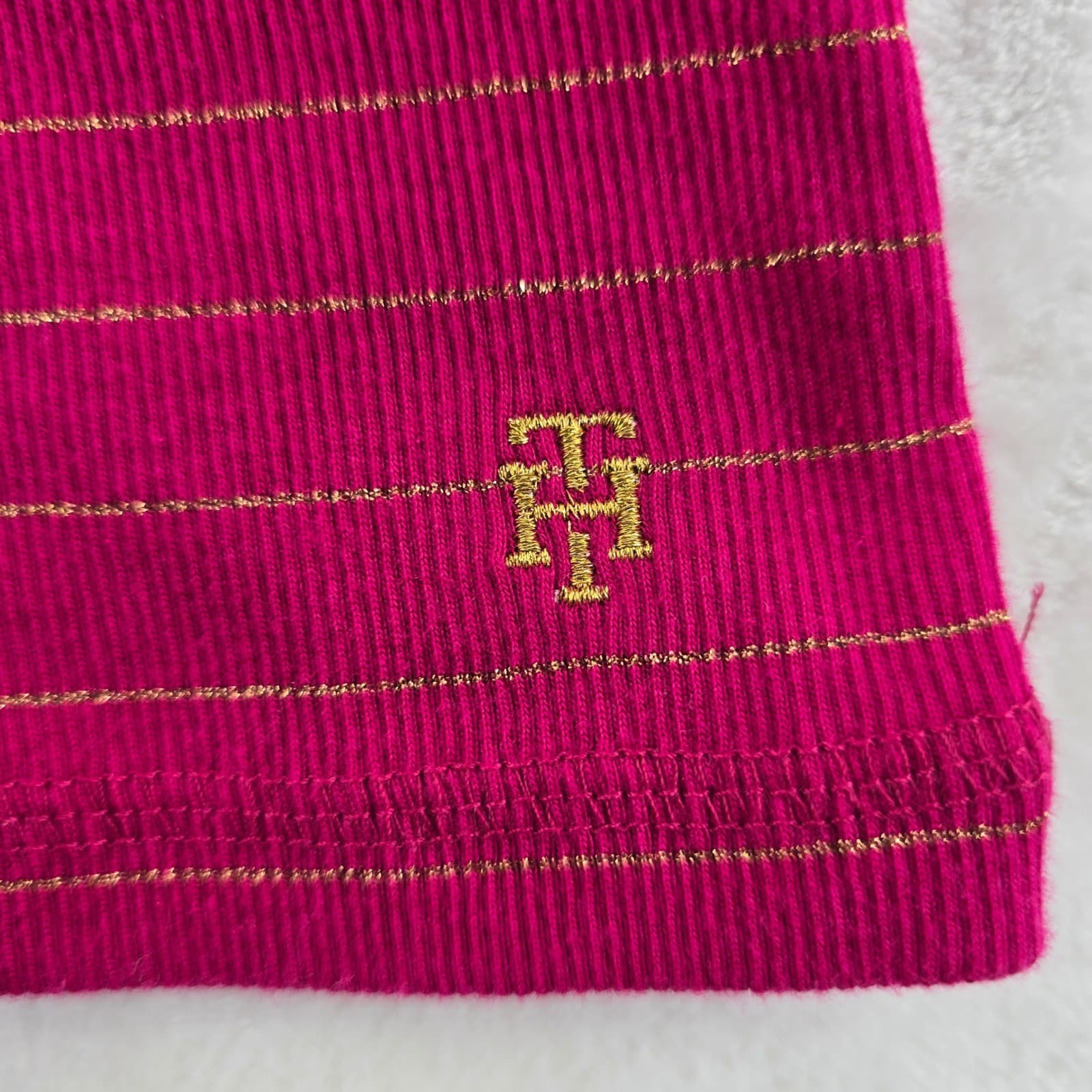 Tommy Hilfiger Henley Womens Size M Shirt Pink Gold Metallic Stripe Long Sleeve - Thumbnail 3