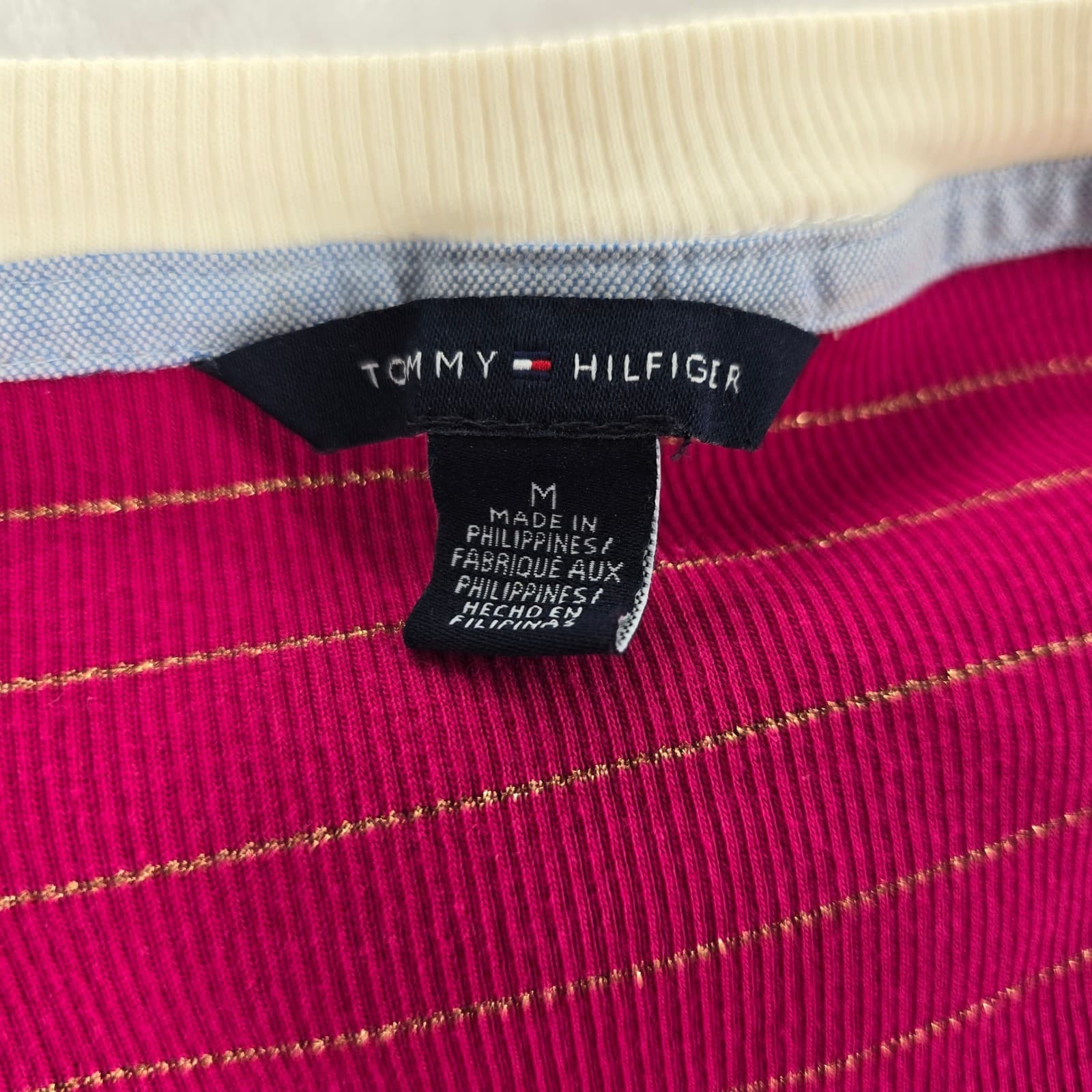Tommy Hilfiger Henley Womens Size M Shirt Pink Gold Metallic Stripe Long Sleeve - Thumbnail 2