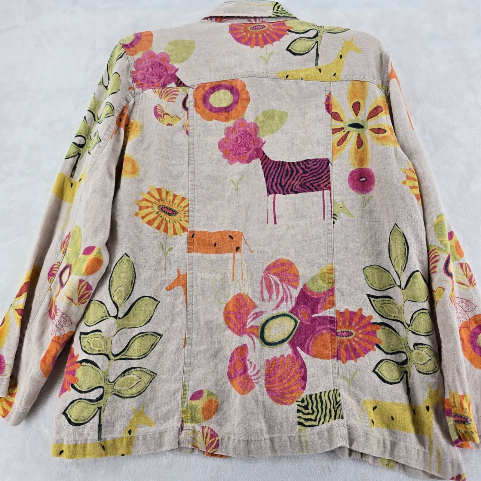 Chico's Button Up Womens Size 2 Jacket Tan Floral Animal Print 100% Linen - Thumbnail 5