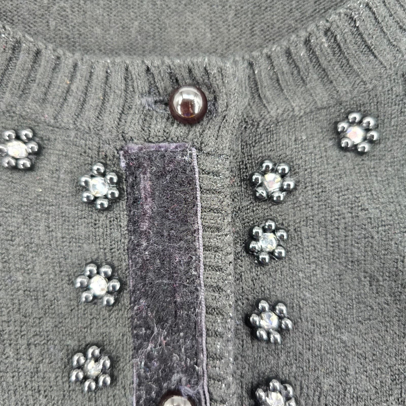 Evan-Picone Cardigan Women's 3X Sweater Black Beaded Velvet Trim Crew Neck - Thumbnail 3