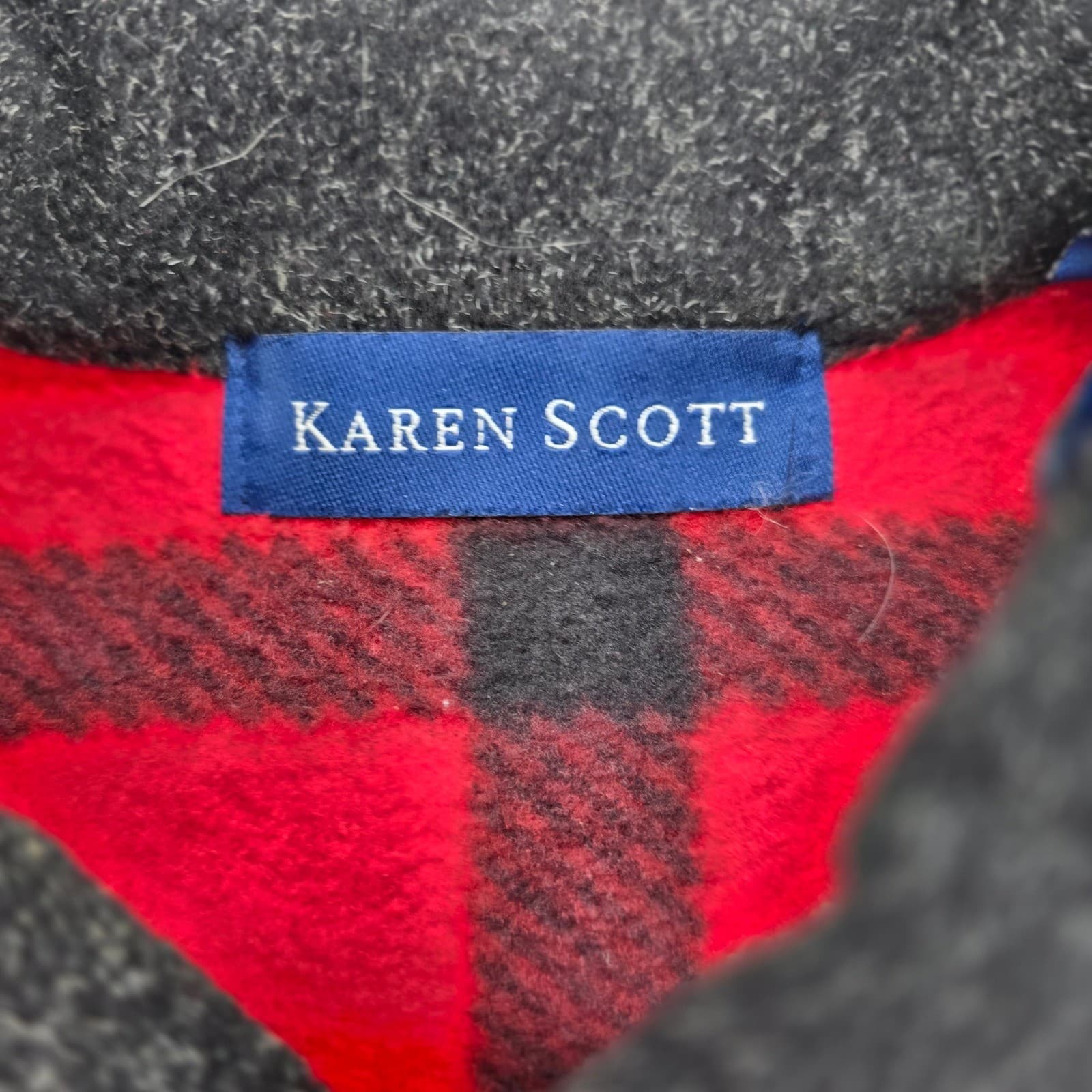 Karen Scott Fleece Jacket Womens L Button Up Red Black Plaid Christmas Snowman - Thumbnail 2