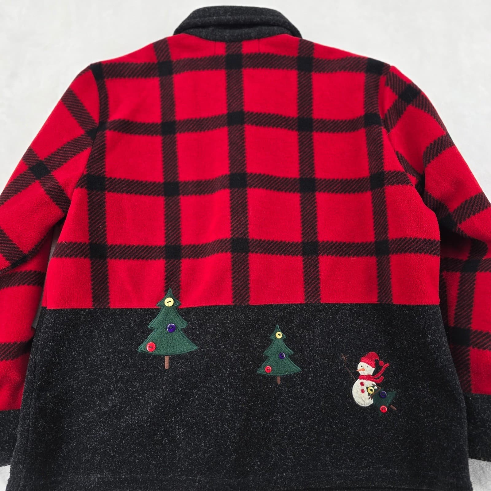 Karen Scott Fleece Jacket Womens L Button Up Red Black Plaid Christmas Snowman - Thumbnail 6