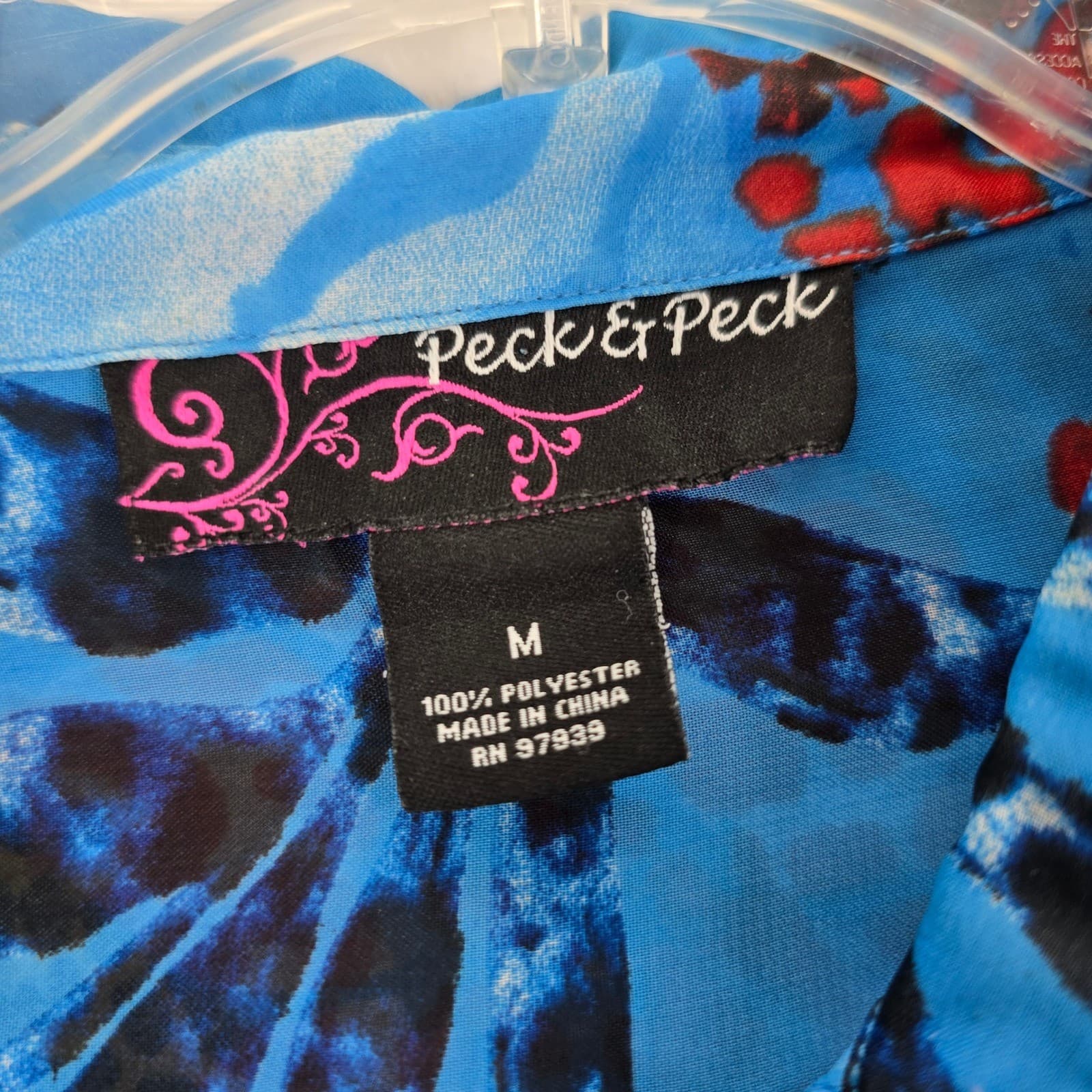 Peck & Peck Blouse Womens Size M Button Up Blue Tropical Animal Print Sheer - Thumbnail 2