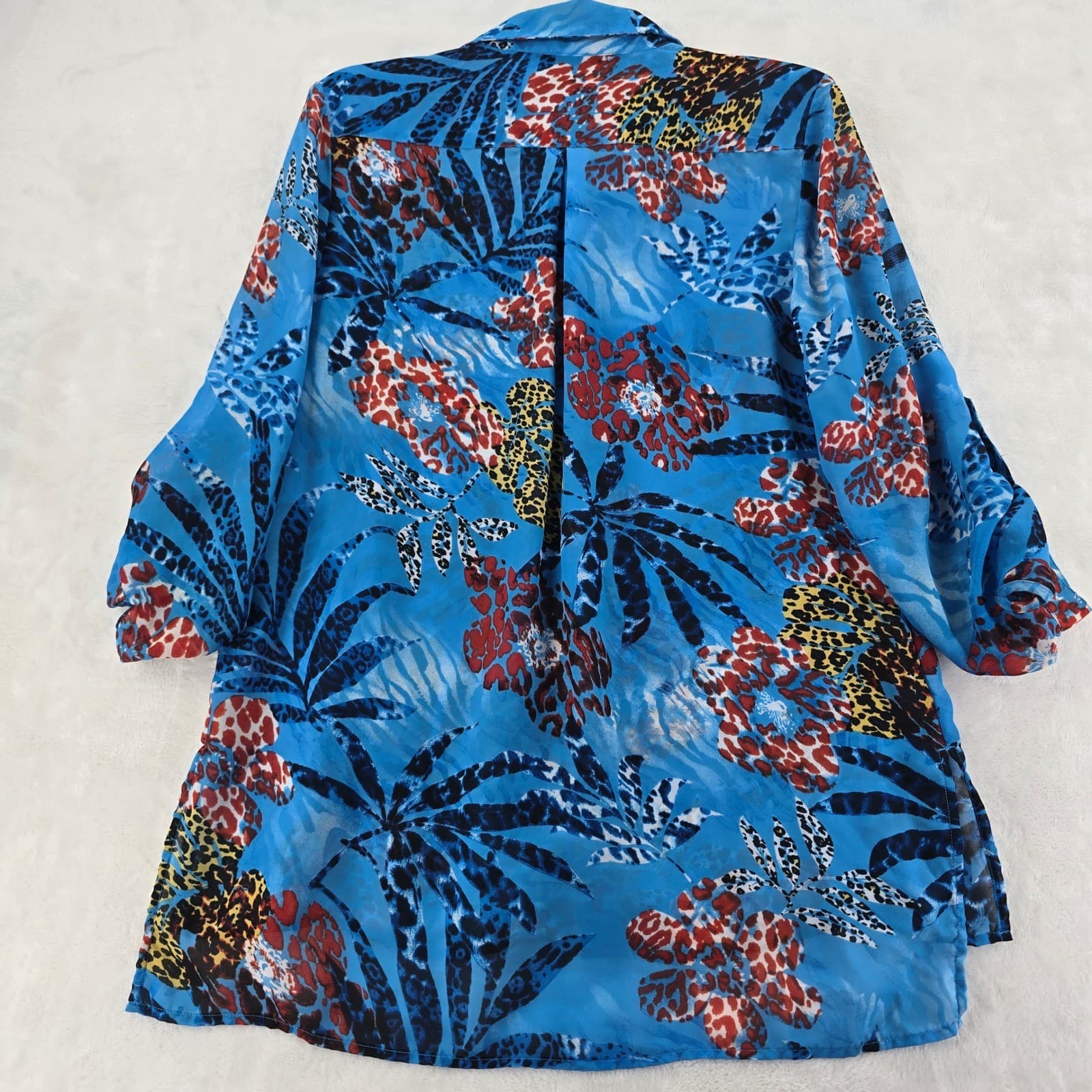 Peck & Peck Blouse Womens Size M Button Up Blue Tropical Animal Print Sheer - Thumbnail 6