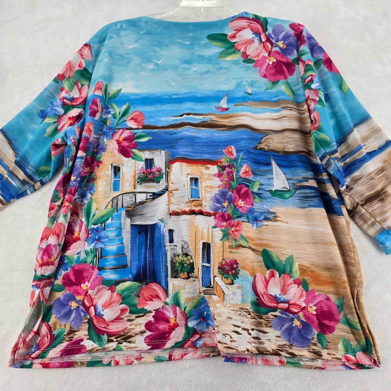 Alfred Dunner Top Womens Large Shirt Blue Floral Scenic Mediterranean 3/4 Sleeve - Thumbnail 6