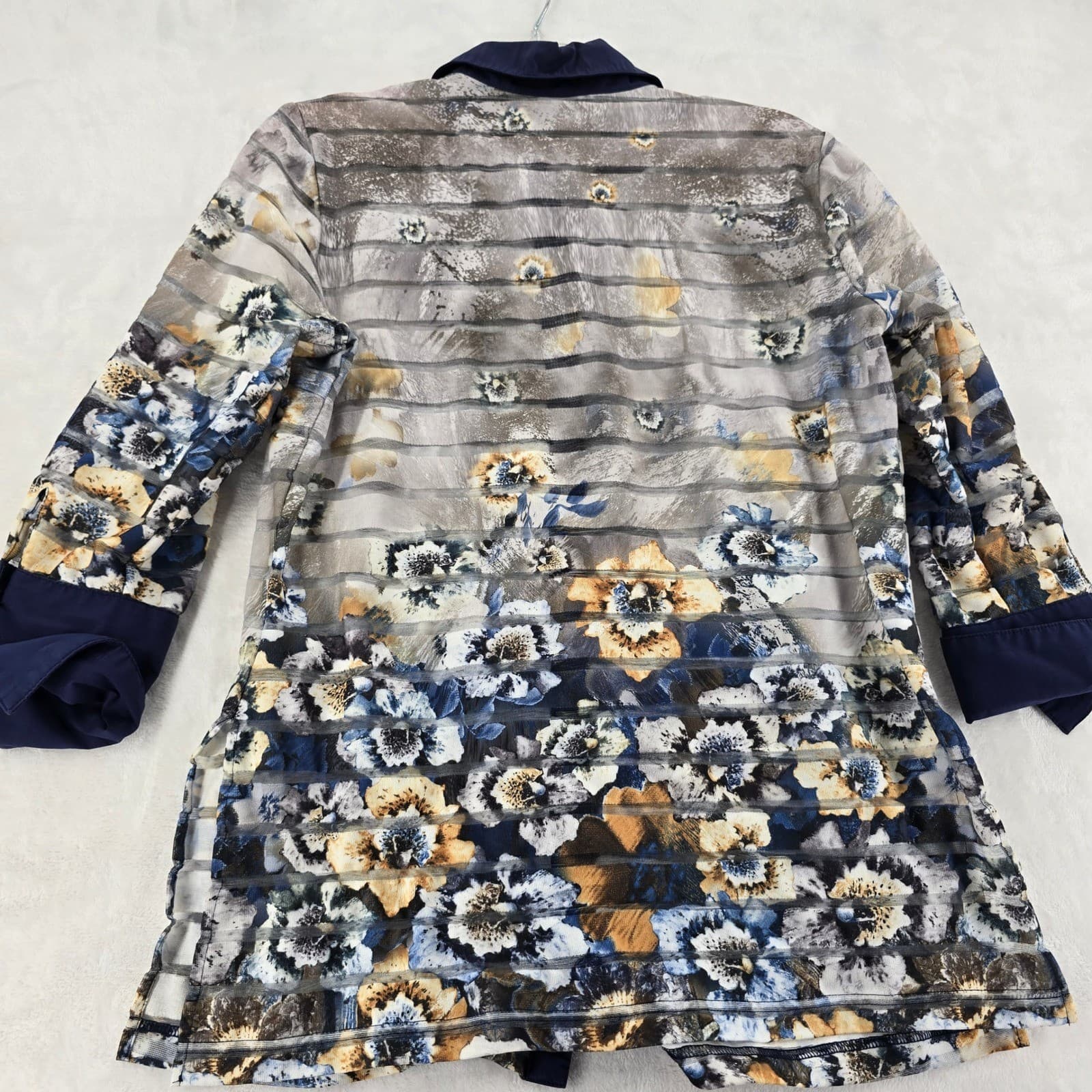 Unbranded Button Up Womens 20.5x27.5 Blouse Blue Gray Floral Sheer Striped Top - Thumbnail 5