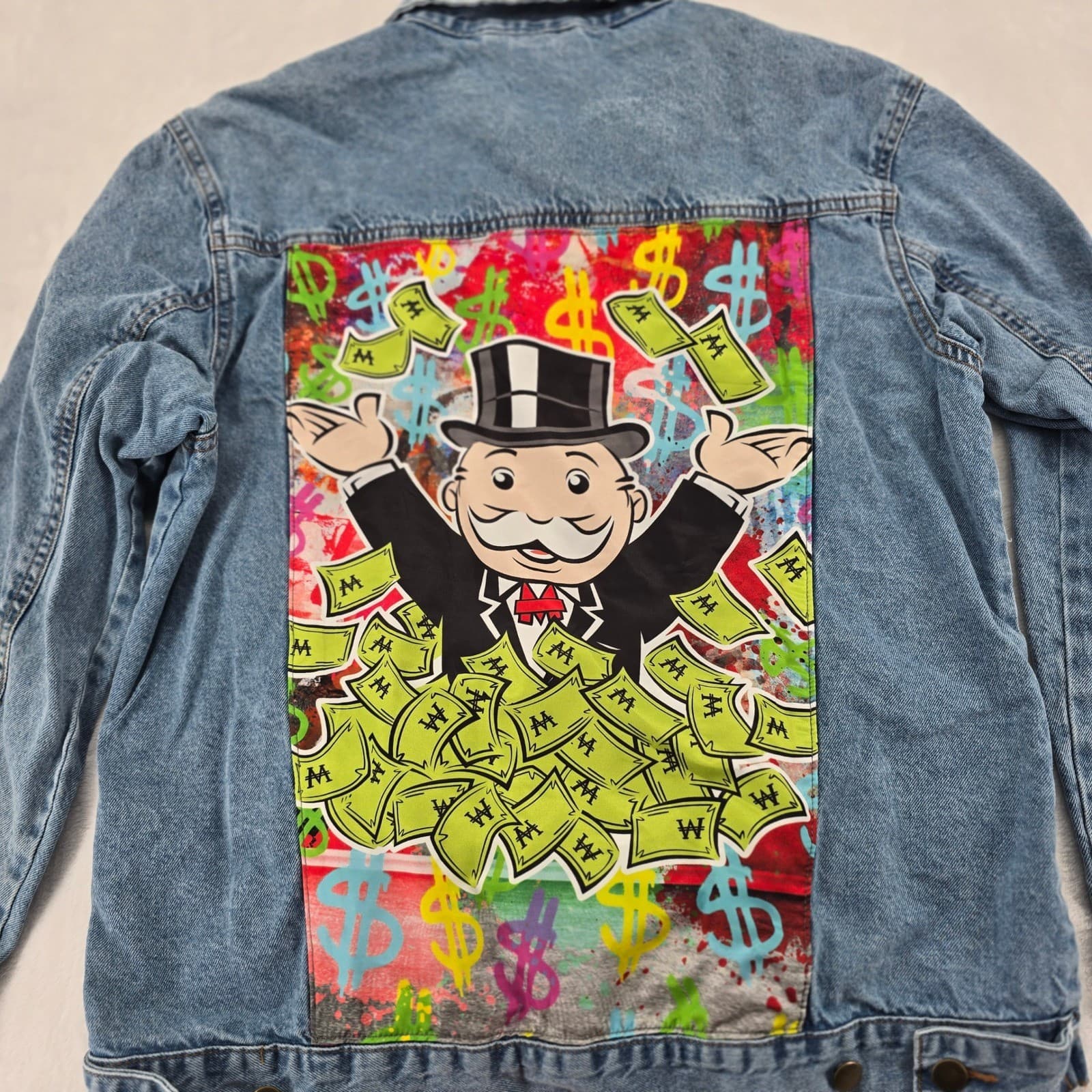 Monopoly Denim Jacket Mens L Denim Jacket Blue Graphic Back Rich Uncle Pennybags - Thumbnail 6